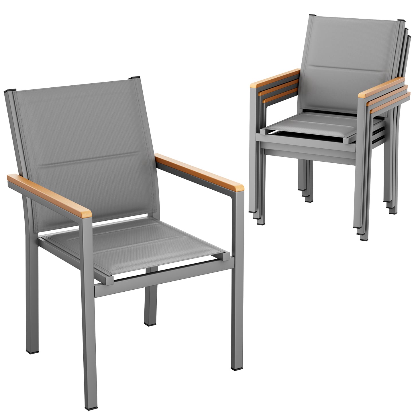TLGREEN Patio Dinning Chairs Set of 2, Stackable Aluminum Chair with Quilted Textilene & WPC Handrail, All Weather Outdoor Chair for Patio, Balcony, Poolside & Restaurants, Black