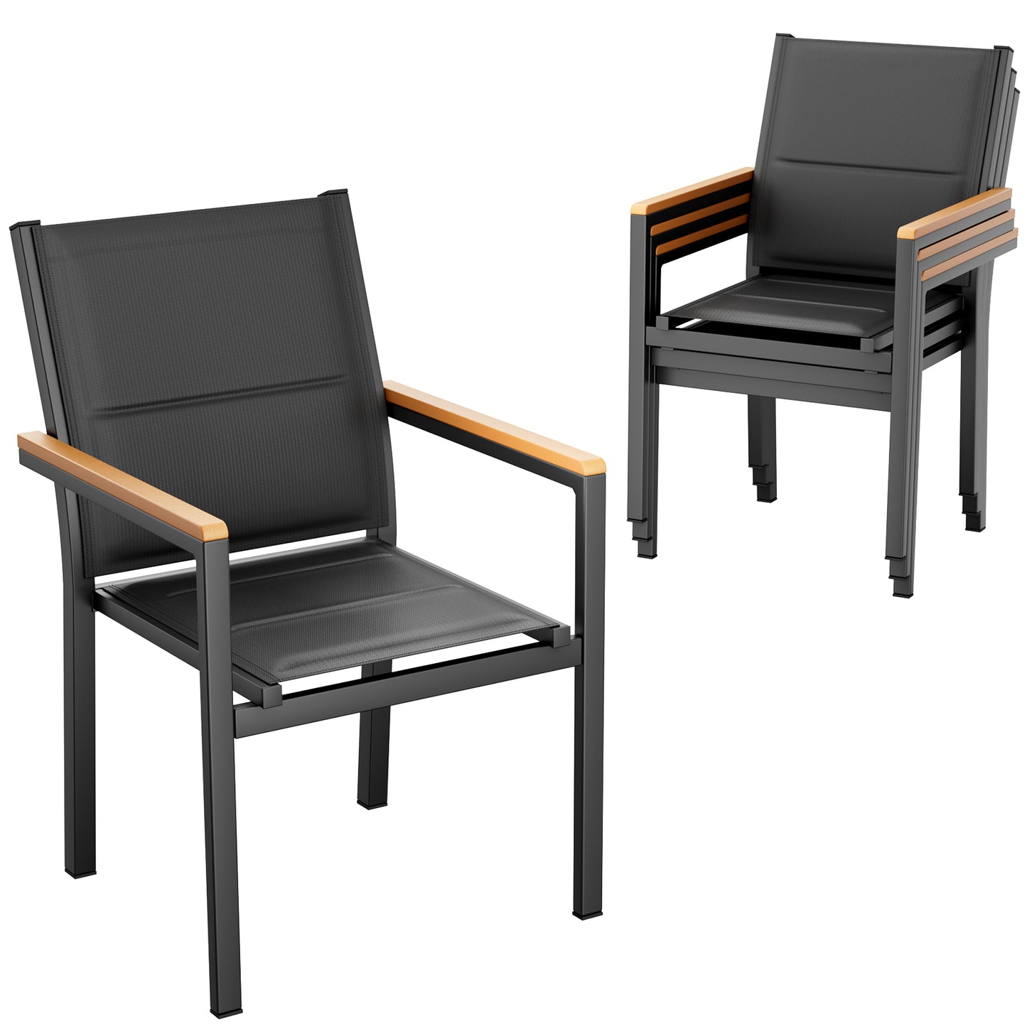TLGREEN Patio Dinning Chairs Set of 2, Stackable Aluminum Chair with Quilted Textilene & WPC Handrail, All Weather Outdoor Chair for Patio, Balcony, Poolside & Restaurants, Black