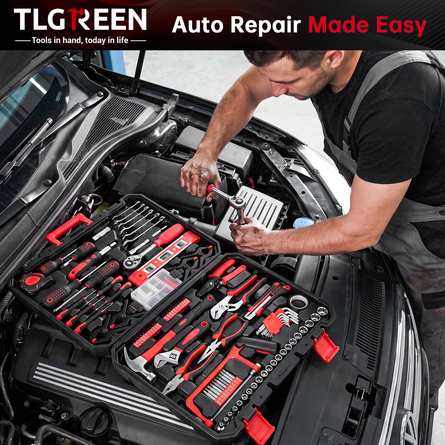 TLGREEN 198 Piece Tool Set, Hand Tool Kit for Home, with Tool Box, Screwdrivers,Socket Adaptor, Wrench,Pliers Saw, Household Tool Set for Home, Car, Garage, Perfect Christmas Gift
