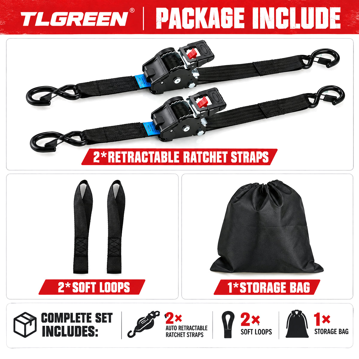 TLGREEN Retractable Ratchet Straps, 2in x10ft, 3033lb, 2-Pack Heavy Duty Auto Self Retracting Tie Downs with Soft Loops & Storage Bag for Motorcycle, Truck, ATV, UTV, Black