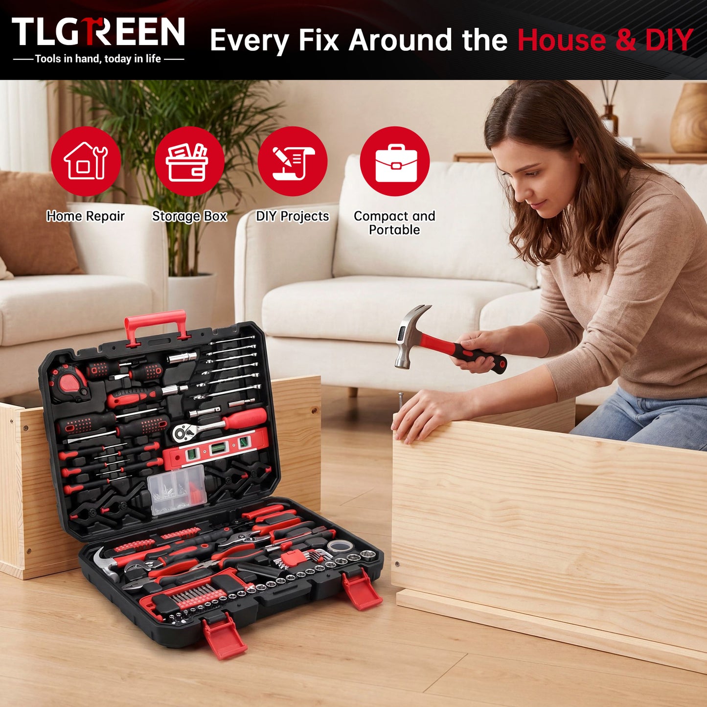TLGREEN 198 Piece Tool Set, Hand Tool Kit for Home, with Tool Box, Screwdrivers,Socket Adaptor, Wrench,Pliers Saw, Household Tool Set for Home, Car, Garage, Perfect Christmas Gift