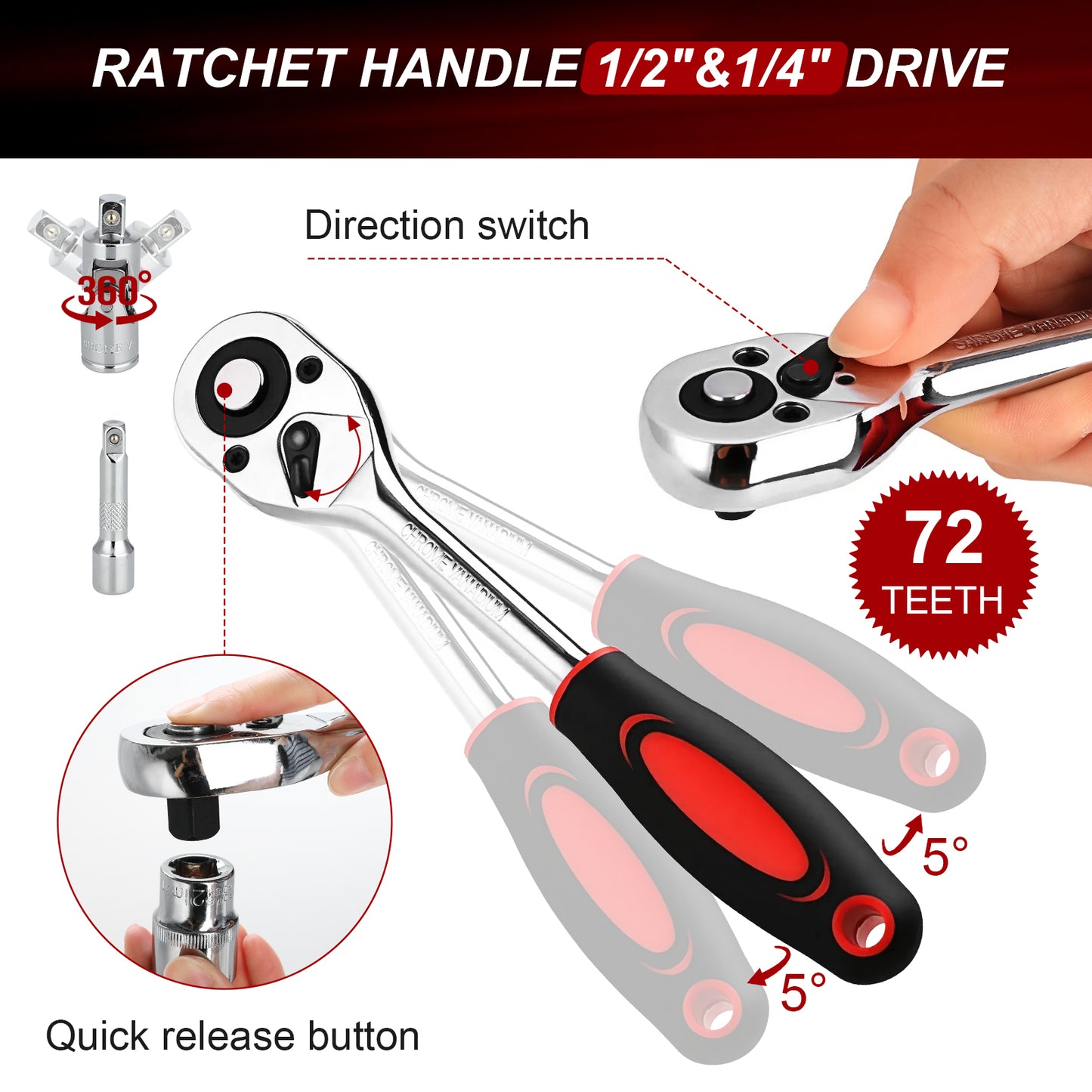 TLGREEN 108 Pcs Mechanic Socket Tool Kit，CR-V Steel Metric and Standard 1/4" & 1/2" Ratchet set, Universal Joint, Extension Bars,Adapter,Ratchet Wrench,Socket Set for car garage