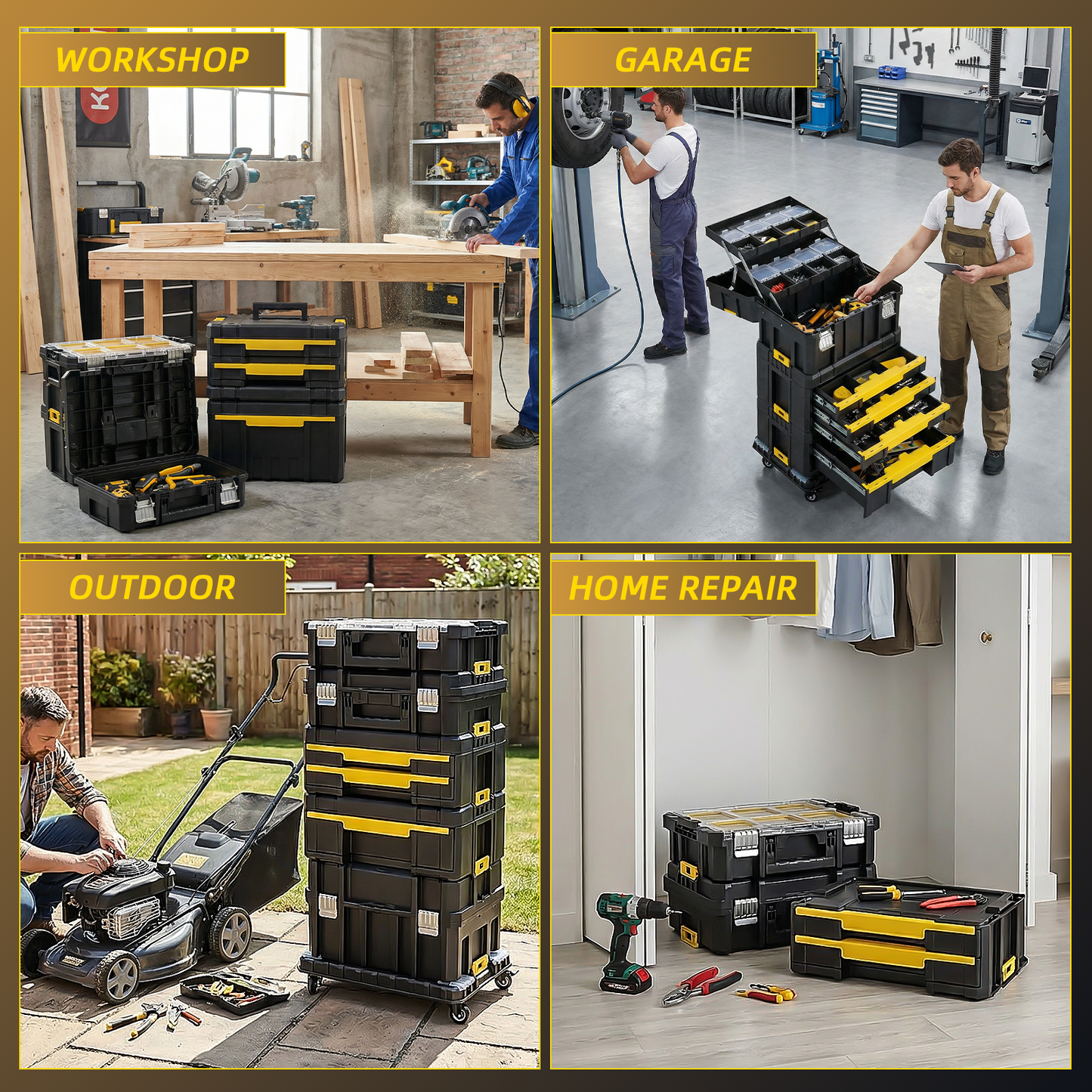 TLGREEN Stackable Rolling Tool Box with Wheels – 4-in-1 Modular Tool Organizer System, Portable Tool Box with Drawers for Garage Storage, Home Repairs & Professional Workshop