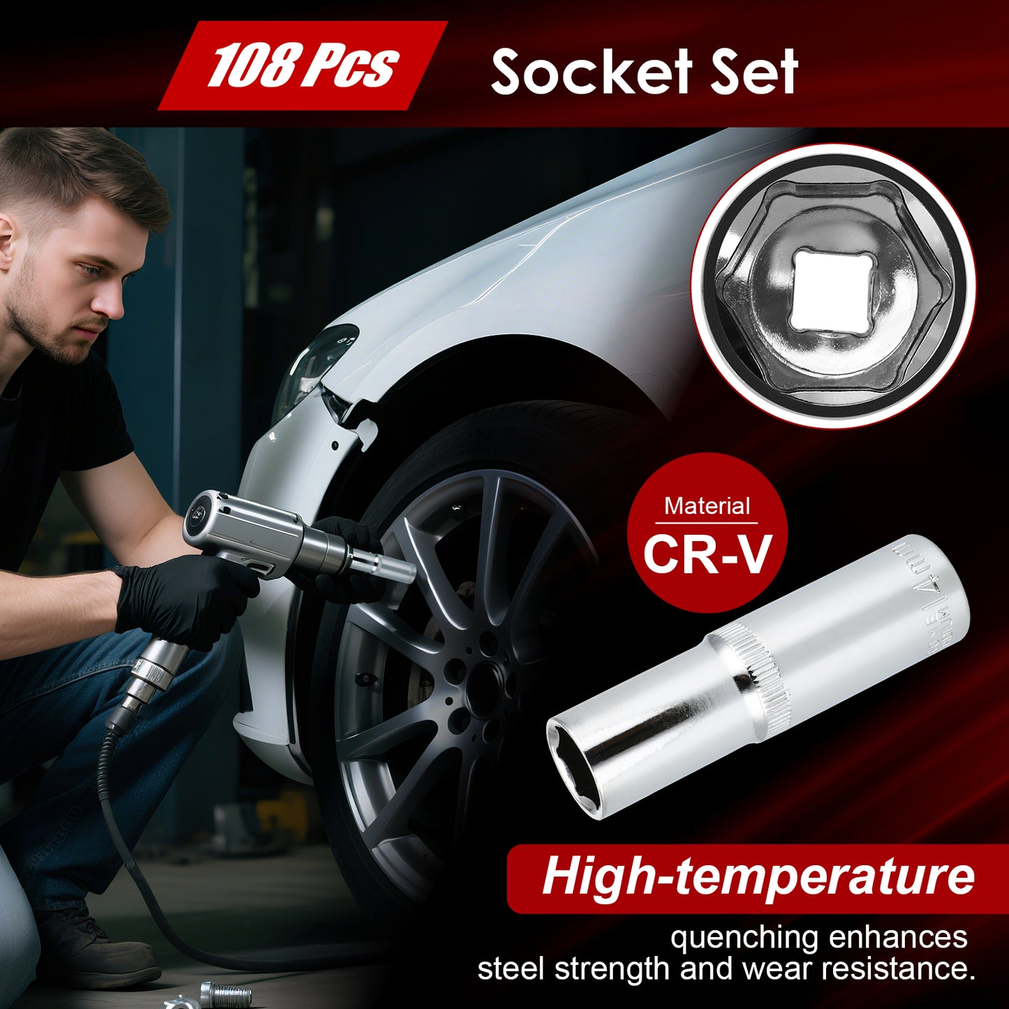 TLGREEN 108 Pcs Mechanic Socket Tool Kit，CR-V Steel Metric and Standard 1/4" & 1/2" Ratchet set, Universal Joint, Extension Bars,Adapter,Ratchet Wrench,Socket Set for car garage