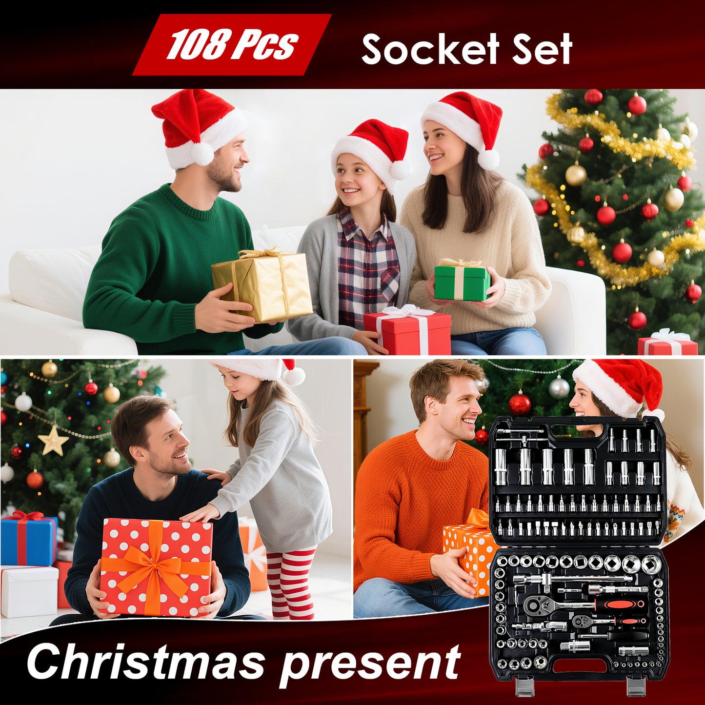 TLGREEN 108 Pcs Mechanic Socket Tool Kit，CR-V Steel Metric and Standard 1/4" & 1/2" Ratchet set, Universal Joint, Extension Bars,Adapter,Ratchet Wrench,Socket Set for car garage