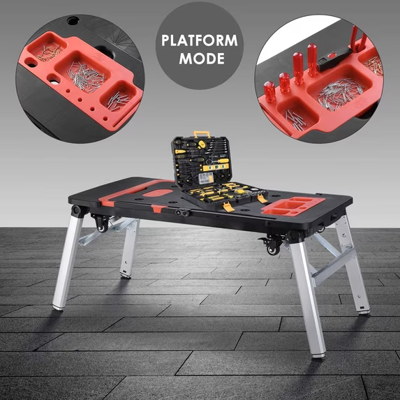 TLGREEN 7-in-1 Multifunctional Folding Work Bench, Portable Work Table for Garage, as Sawhorse, Scaffold, Platform, Car Creeper, Dolly with Wheels