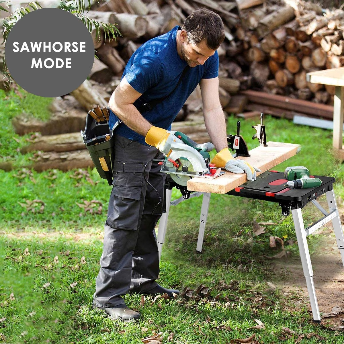 TLGREEN 7-in-1 Multifunctional Folding Work Bench, Portable Work Table for Garage, as Sawhorse, Scaffold, Platform, Car Creeper, Dolly with Wheels