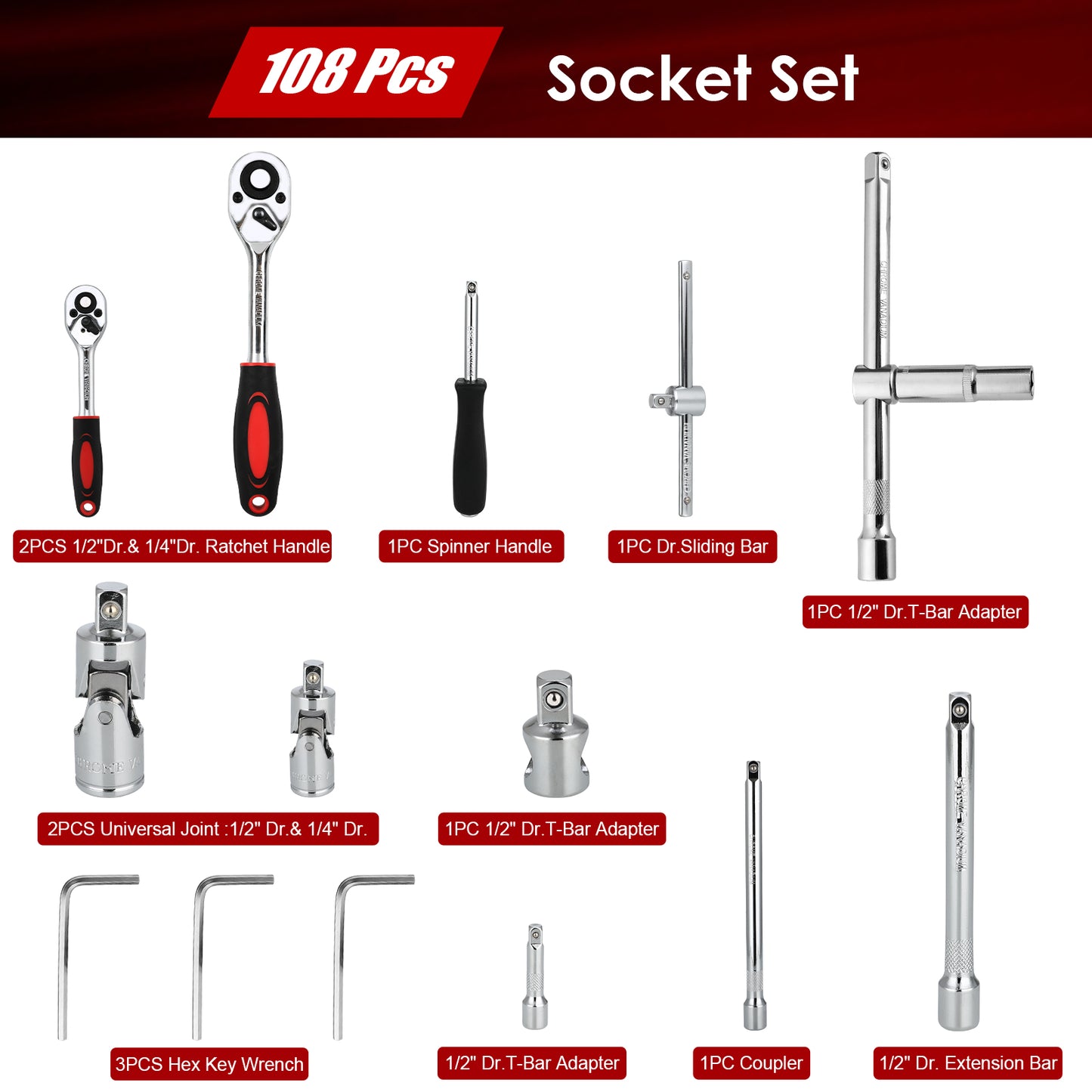 TLGREEN 108 Pcs Mechanic Socket Tool Kit，CR-V Steel Metric and Standard 1/4" & 1/2" Ratchet set, Universal Joint, Extension Bars,Adapter,Ratchet Wrench,Socket Set for car garage