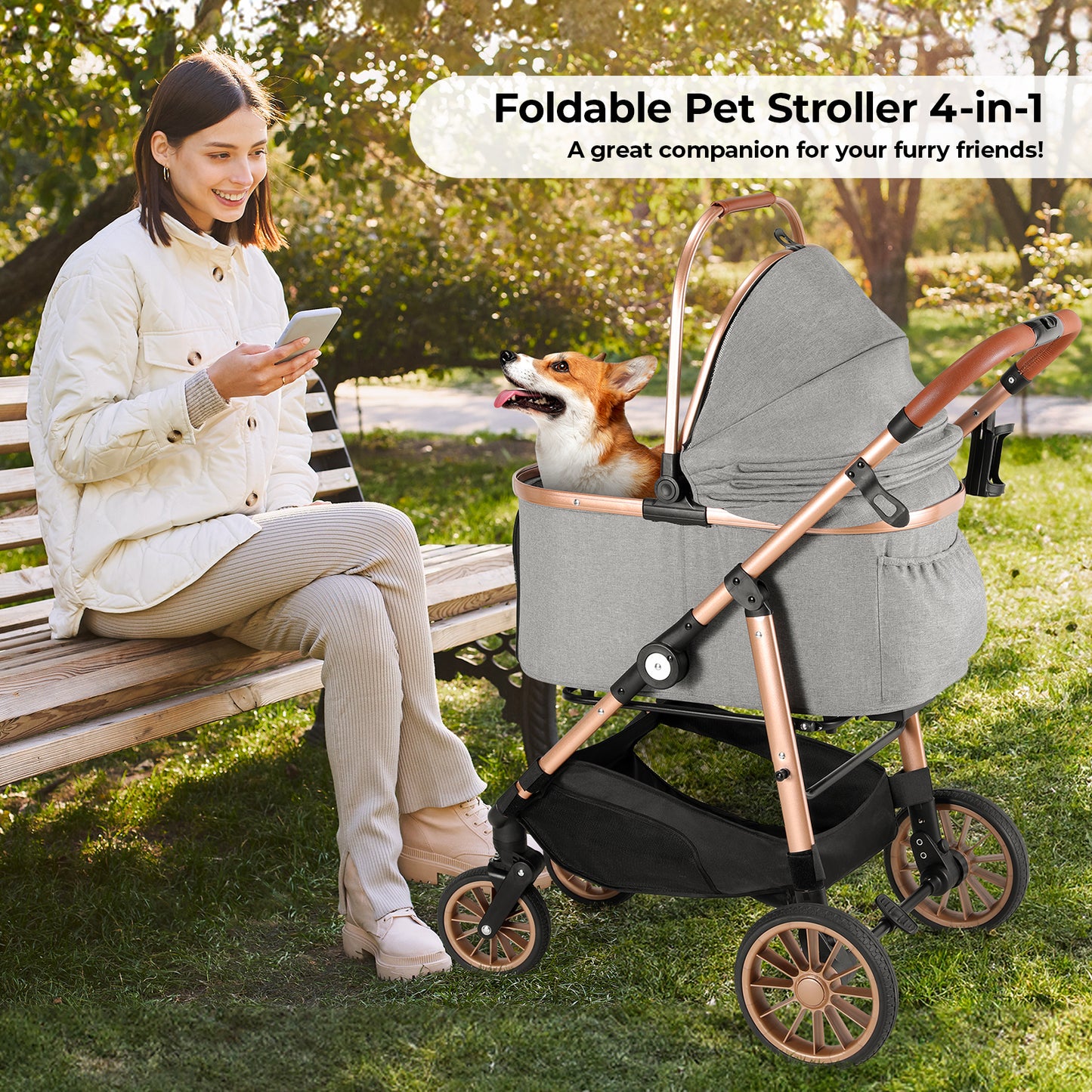 TLGREEN 4-Wheel Stable Pet Stroller for Medium Dogs/ Cats (55lbs Max) - 3-in-1 Convertible Design with Removable Carrier & One-Click Folding Mechanism (Black)