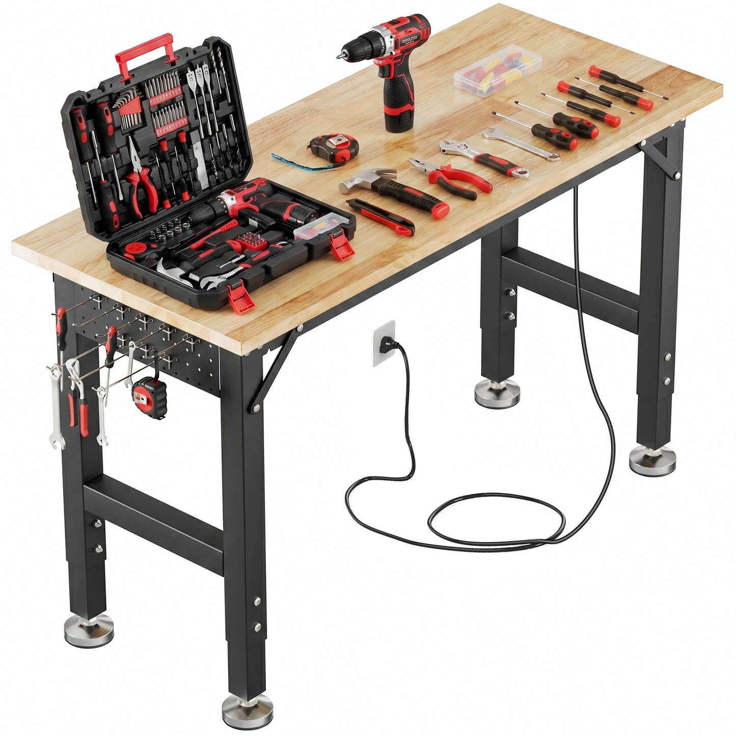 TLGREEN 48" x 20" Heavy Duty Workbench, 2000 LBS Capacity, 31.5-39.5 in Adjustable Work Bench with Power Outlet & Pegboard for Garage