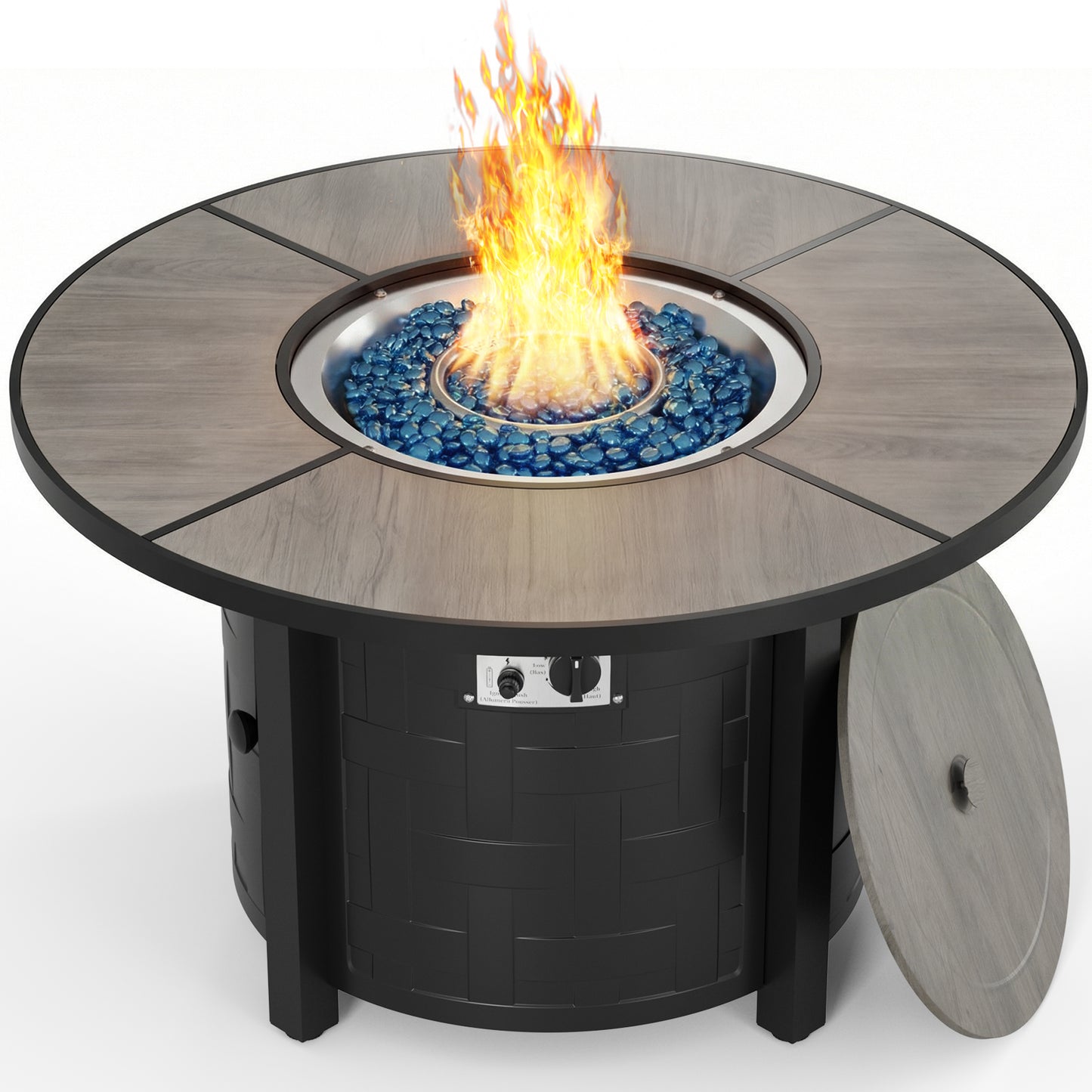 TLGREEN 30" Propane Fire Pit Table with Lid and Blue Stone, 50,000 BTU Auto-Ignition Circular Gas Fire Pit for Outdoor, with CSA Certified