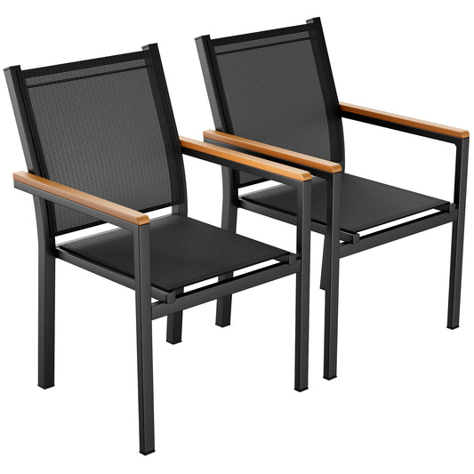 TLGREEN Patio Dining Chairs Set of 2, Stackable Aluminum Chair with Textilene Fabric & WPC Handrail, All Weather Outdoor Chair for Balcony, Poolside, Terrace & Restaurants, Black