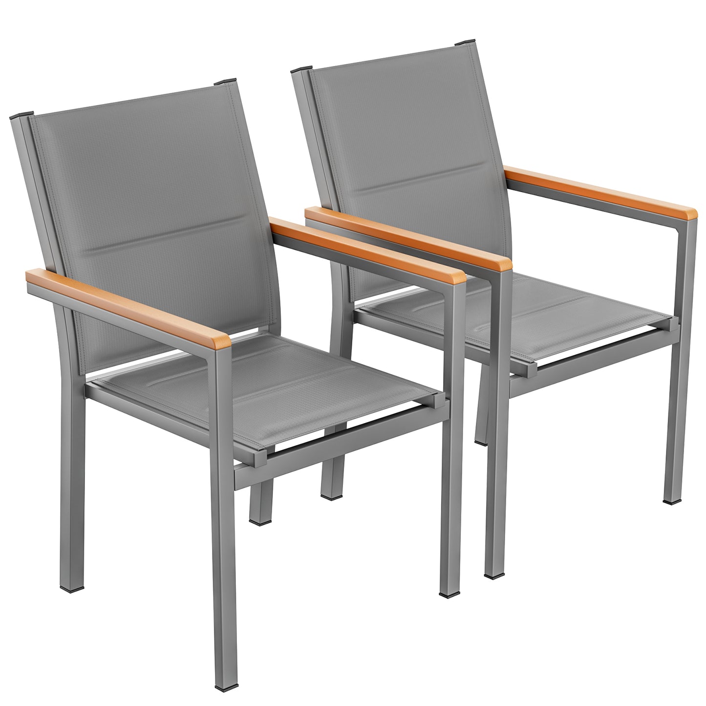 TLGREEN Patio Dinning Chairs Set of 2, Stackable Aluminum Chair with Quilted Textilene & WPC Handrail, All Weather Outdoor Chair for Patio, Balcony, Poolside & Restaurants, Black