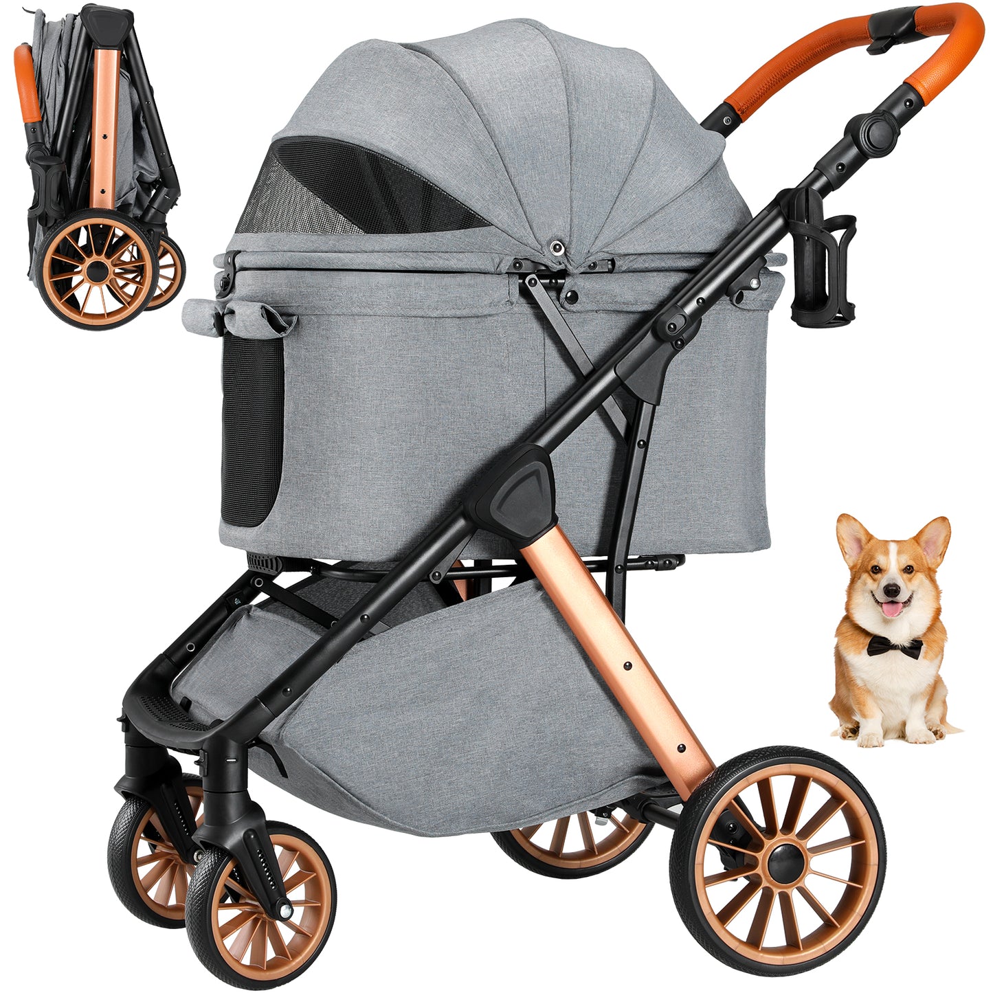 TLGREEN Foldable Dog Stroller for Medium Small Dogs Cats Up to 55 Lbs, Aluminum and Carbon Steel Frame Pet Stroller with Cup Holder, Adjustable Height