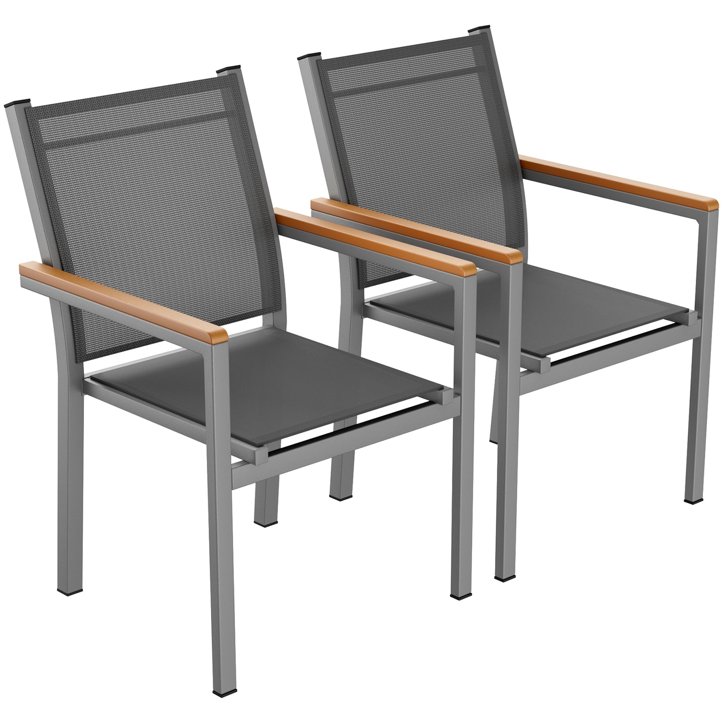 TLGREEN Patio Dining Chairs Set of 2, Stackable Aluminum Chair with Textilene Fabric & WPC Handrail, All Weather Outdoor Chair for Balcony, Poolside, Terrace & Restaurants, Black
