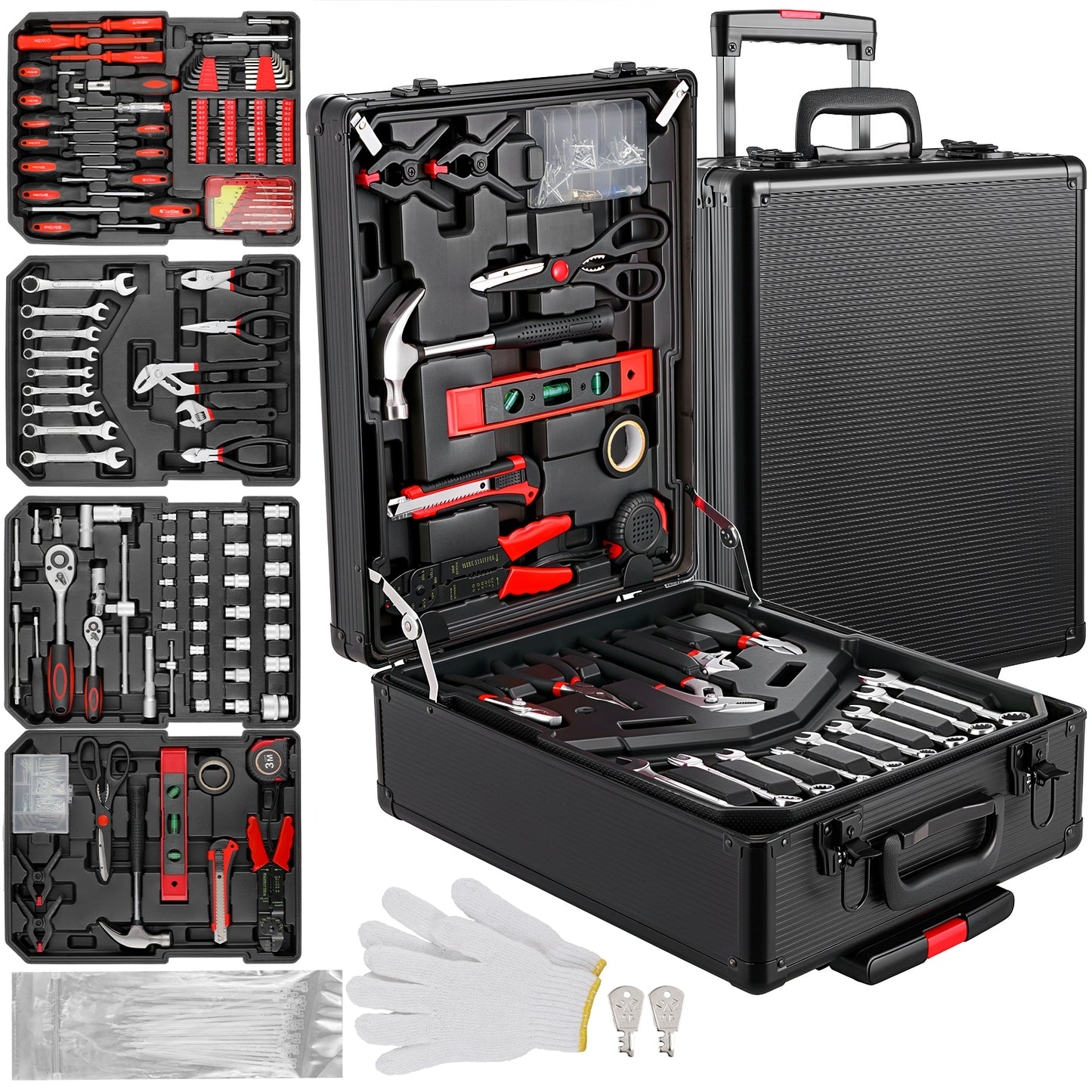799pcs Mechanic Tool Set with Aluminum Trolley Case, Industrial Hand Tool Set，Tool Box Kit for Home, Dorm,Garage, and Automotive, Complete Tool Set,with 2 Gloves, 500 Plastic Ribbons