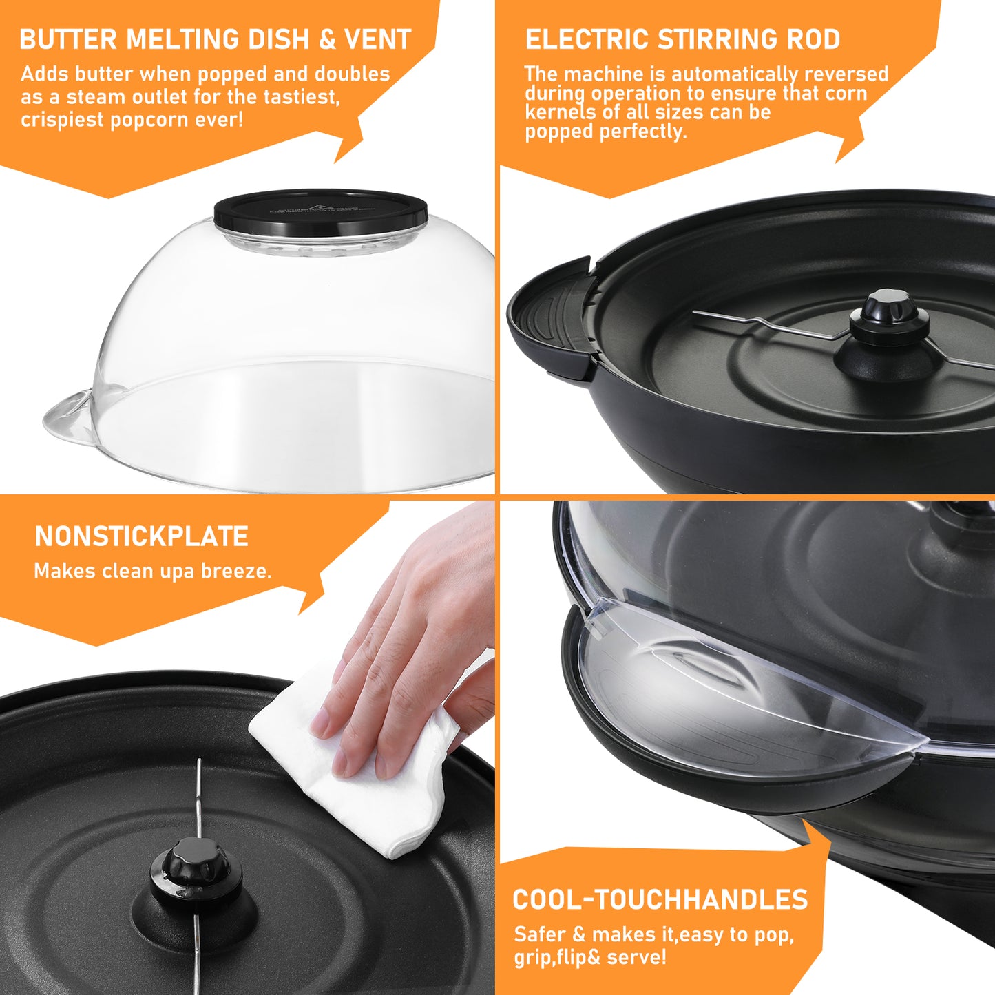 TLGREEN 6 Quart Popcorn Machine, Electric Hot Oil Popcorn Maker Machine, with Nonstick Plate & Stirring Rod, Large Lid for Serving Bowl. (Black)