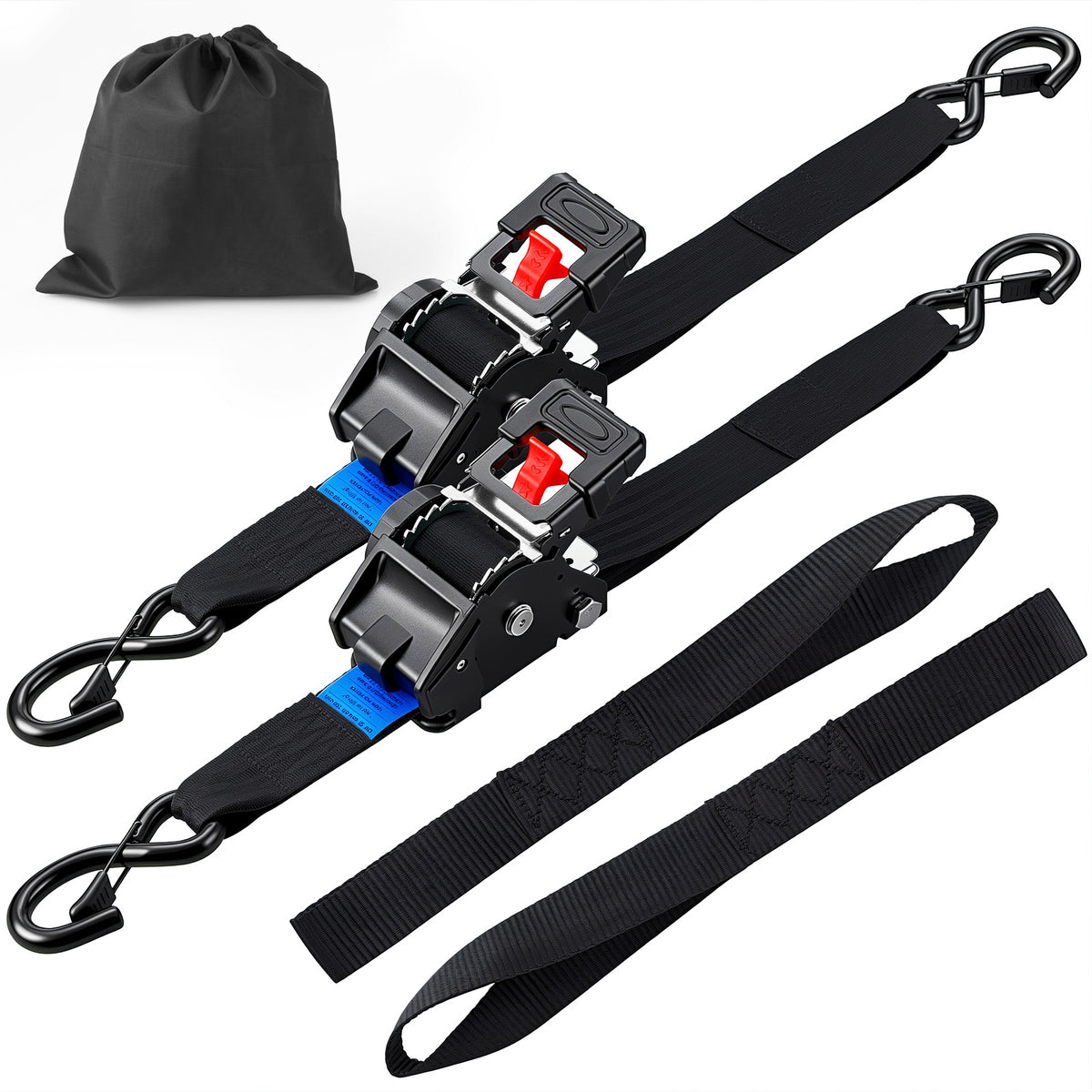 TLGREEN Retractable Ratchet Straps, 2in x10ft, 3033lb, 2-Pack Heavy Duty Auto Self Retracting Tie Downs with Soft Loops & Storage Bag for Motorcycle, Truck, ATV, UTV, Black
