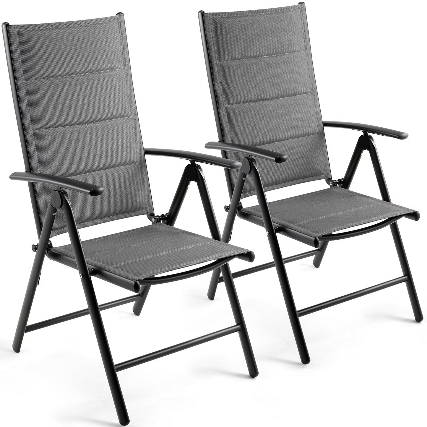 TLGREEN Outdoor Folding Chairs Set (2-Pack) ，Patio Chairs with Foam-Padded Textilene Fabric & Lightweight Aluminum Frame, 7-Position Adjustable Back（Gray)