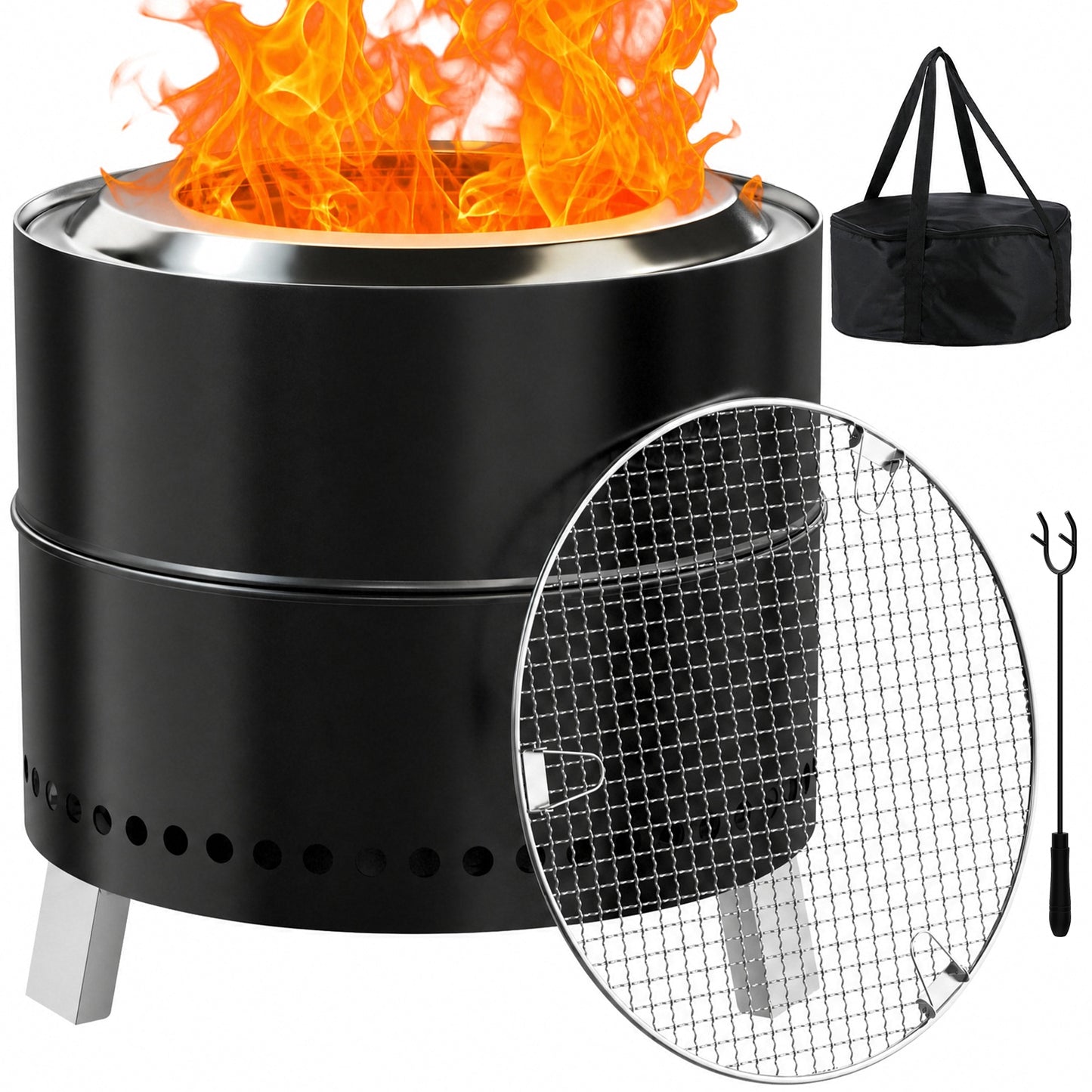 TLGREEN 19.3" Smokeless Stainless Steel Outdoor Fire Pit with Grill & Legs, Portable Fire Pit with Carrying Bag & Fire Poker, for Camping, Patio & Backyard, Wood Burning, Ideal for 3–5 People