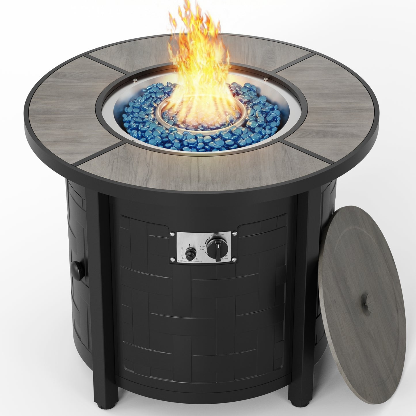 TLGREEN 30" Propane Fire Pit Table with Lid and Blue Stone, 50,000 BTU Auto-Ignition Circular Gas Fire Pit for Outdoor, with CSA Certified