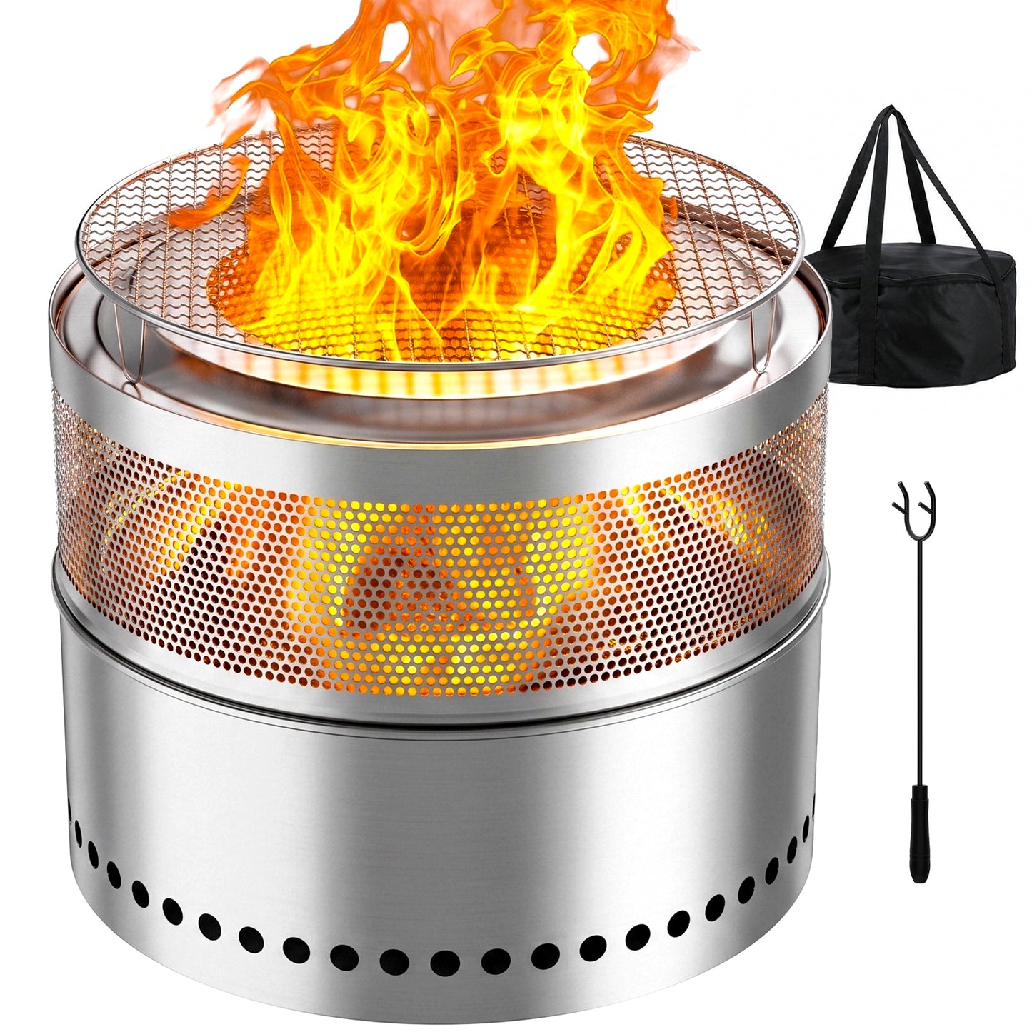 TLGREEN 19.7" Stainless Steel Smokeless Fire Pit with Grill Grate, Wood Burning with Carrying Bag & Fire Poker, for Outdoor Warmth/Camping/Backyard & Patio Gatherings, Fits 3-6 People