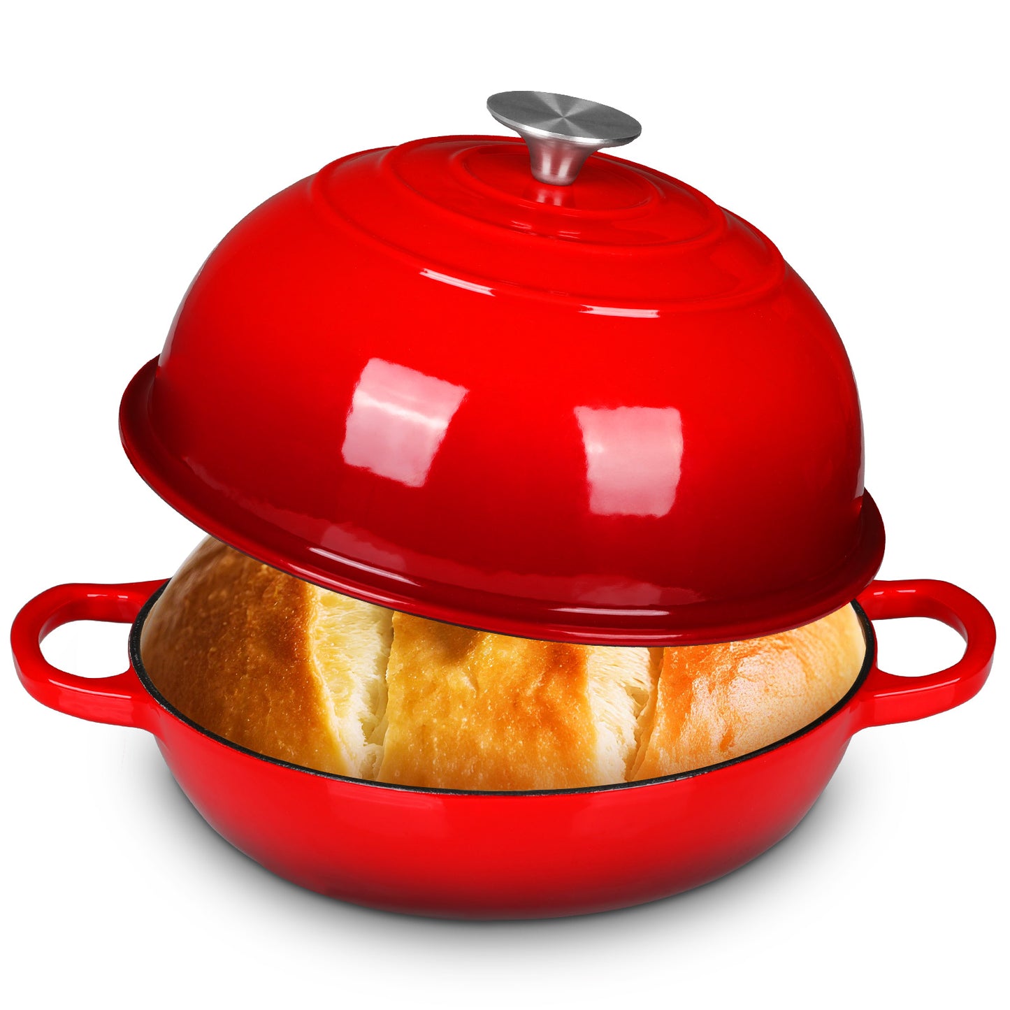 TLGREEN 6qt Enameled Cast Iron Dutch Oven for Bread Baking, Non-Stick Dome-Shaped Bread Oven Pot with Lid, Silicone Handles and Scraper, Red