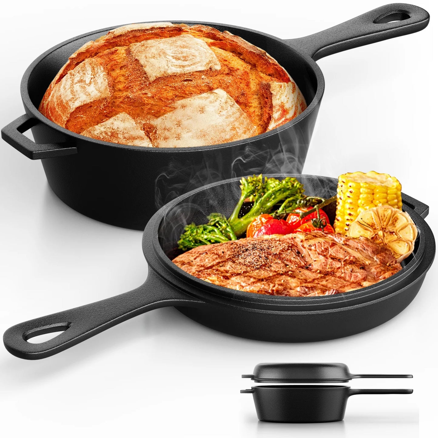 TLGREEN 2-in-1 Cast Iron Dutch Oven Pot, with Skillet & Lid - 2.9 Qt Deep Pot + 1.27 Qt Frying Pan, Versatile for Oven, Stove, Grill, Campfire