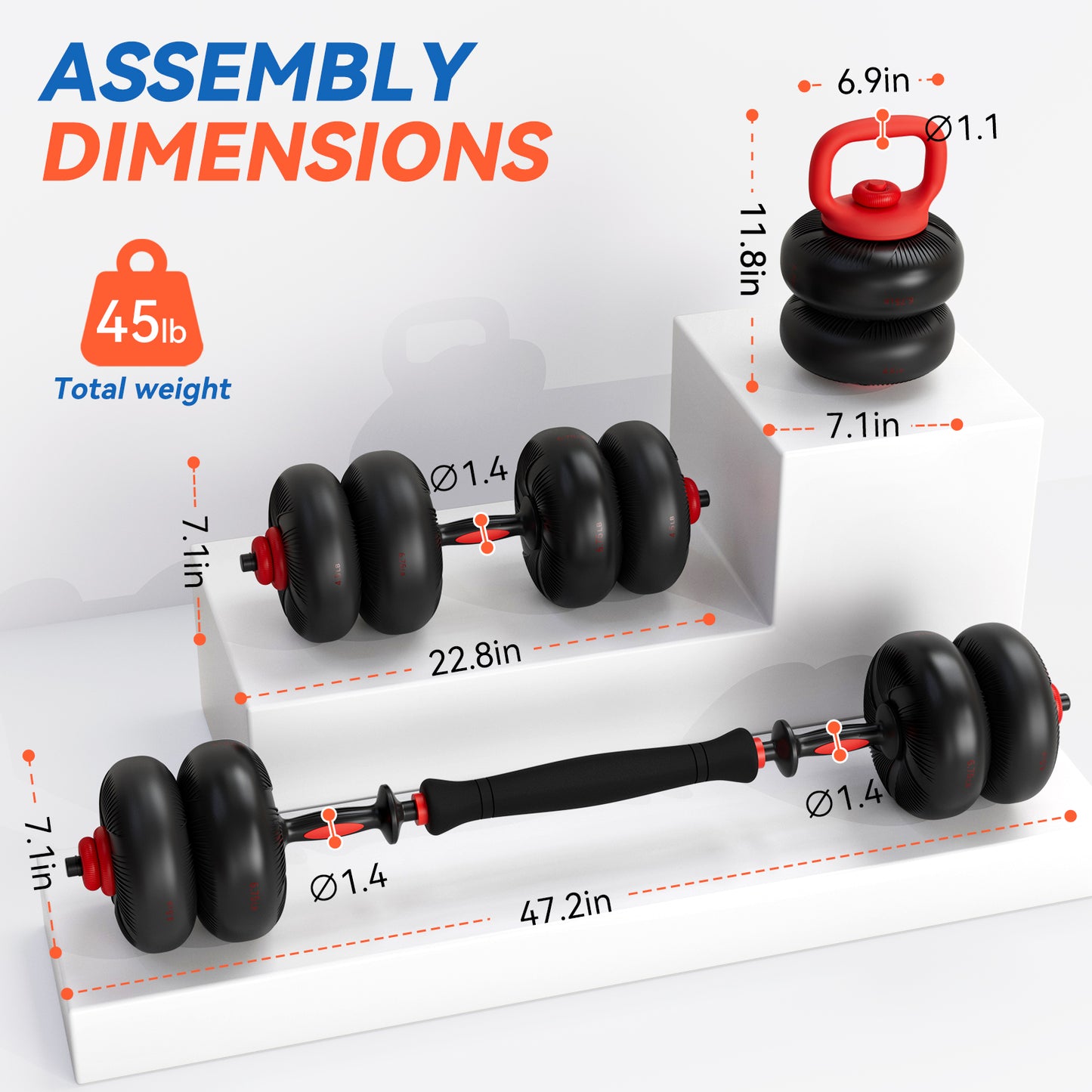 Adjustable Dumbbell Set, 45lbs/67lbs Free Weight Set, 4-in-1 Used as Barbell, Dumbbells, Kettlebell, Weight Plates, Soft Rubber Coated, Space Saving Fitness Exercise for Men/Women