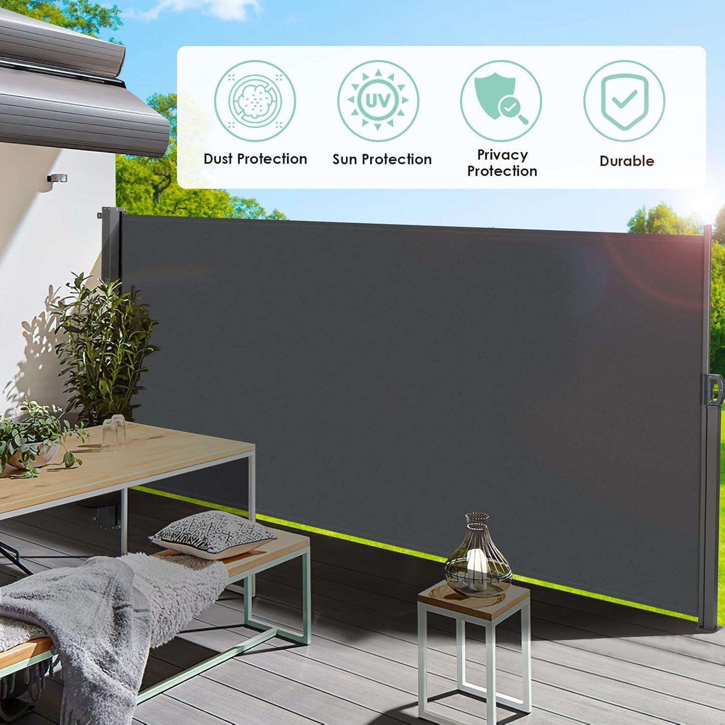 TLGREEN Retractable Side Awning, Retractable Patio Screen Awning, UV Resistant, Outdoor Privacy Screen For Garden, Balcony, Courtyard (Dark Grey)