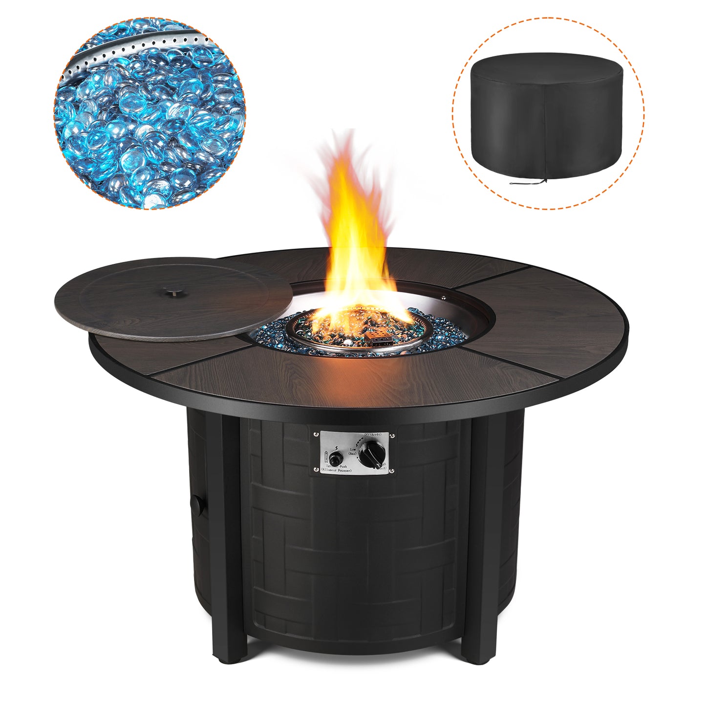 TLGREEN 30" Propane Fire Pit Table with Lid and Blue Stone, 50,000 BTU Auto-Ignition Circular Gas Fire Pit for Outdoor, with CSA Certified