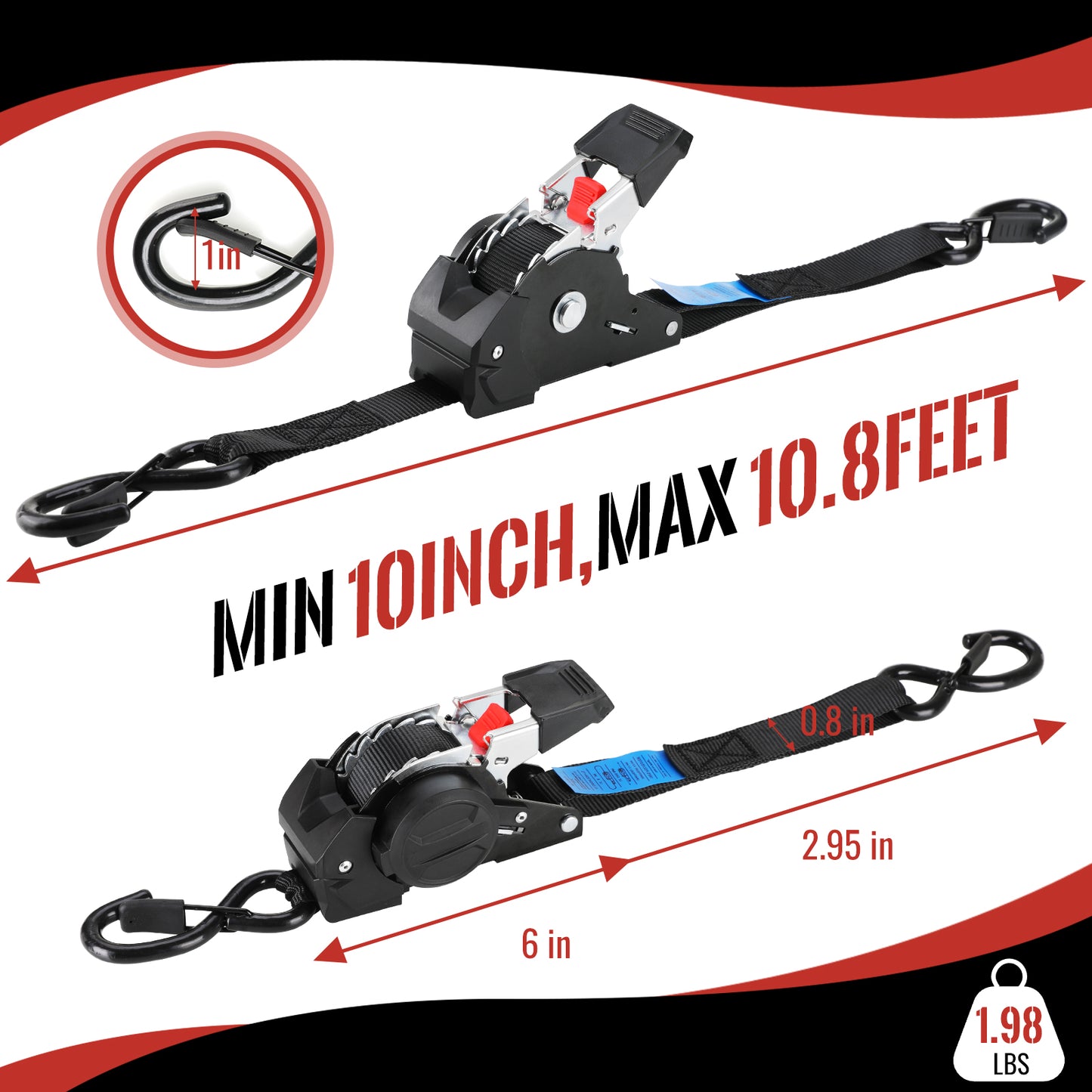 TLGREEN Retractable Ratchet Straps, 4Pack,1” x 10’ 1650lb Break Strength Heavy Duty Auto Self Retracting Tie Down Straps for Truck, Cargo, Motorcycle, ATV, UTV,Boat