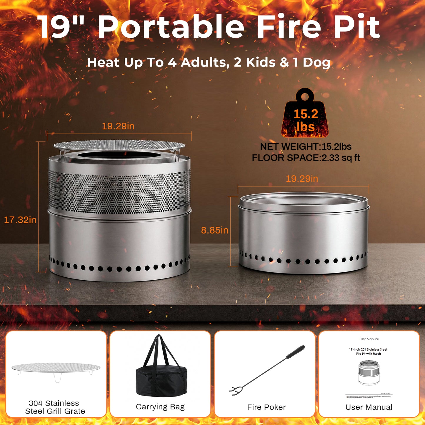 TLGREEN 19.7" Stainless Steel Smokeless Fire Pit with Grill Grate, Wood Burning with Carrying Bag & Fire Poker, for Outdoor Warmth/Camping/Backyard & Patio Gatherings, Fits 3-6 People