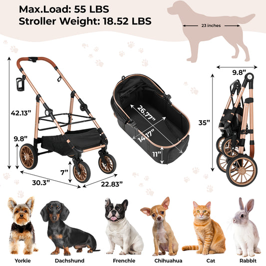 TLGREEN 4-Wheel Stable Pet Stroller for Medium Dogs/ Cats (55lbs Max) - 3-in-1 Convertible Design with Removable Carrier & One-Click Folding Mechanism (Black)