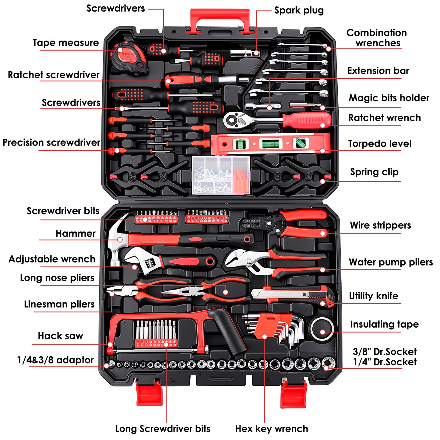 TLGREEN 198 Piece Tool Set, Hand Tool Kit for Home, with Tool Box, Screwdrivers,Socket Adaptor, Wrench,Pliers Saw, Household Tool Set for Home, Car, Garage, Perfect Christmas Gift