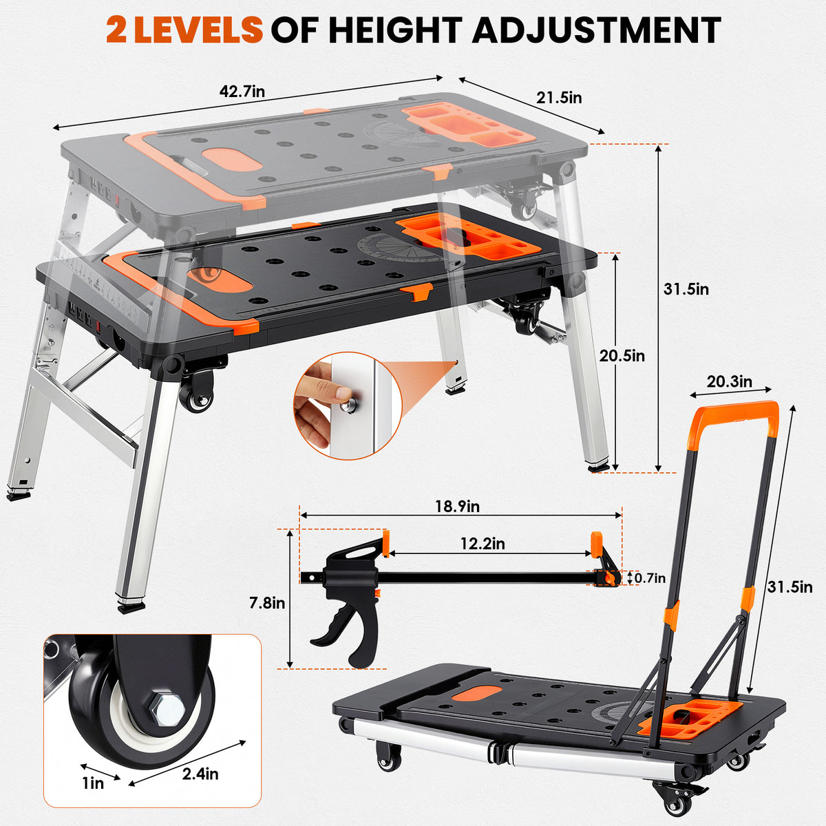 TLGREEN 7-in-1 Multifunctional Folding Work Table, Portable Adjustable Workbench for Garage/Home, as Sawhorse, Scaffold, Platform, Car Creeper, Hand Truck with Wheels