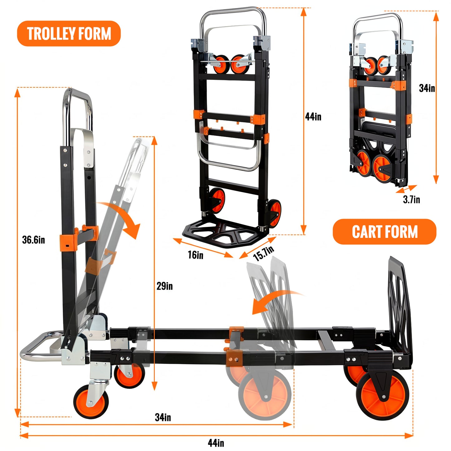TLGREEN 3 in 1 Folding Hand Truck, 600lb Capacity Convertible Hand Truck Dolly with Silent Swivel Wheels, Heavy Duty Foldable Hand Cart for Moving Households, Shopping Mall, Office, Outdoor Tasks