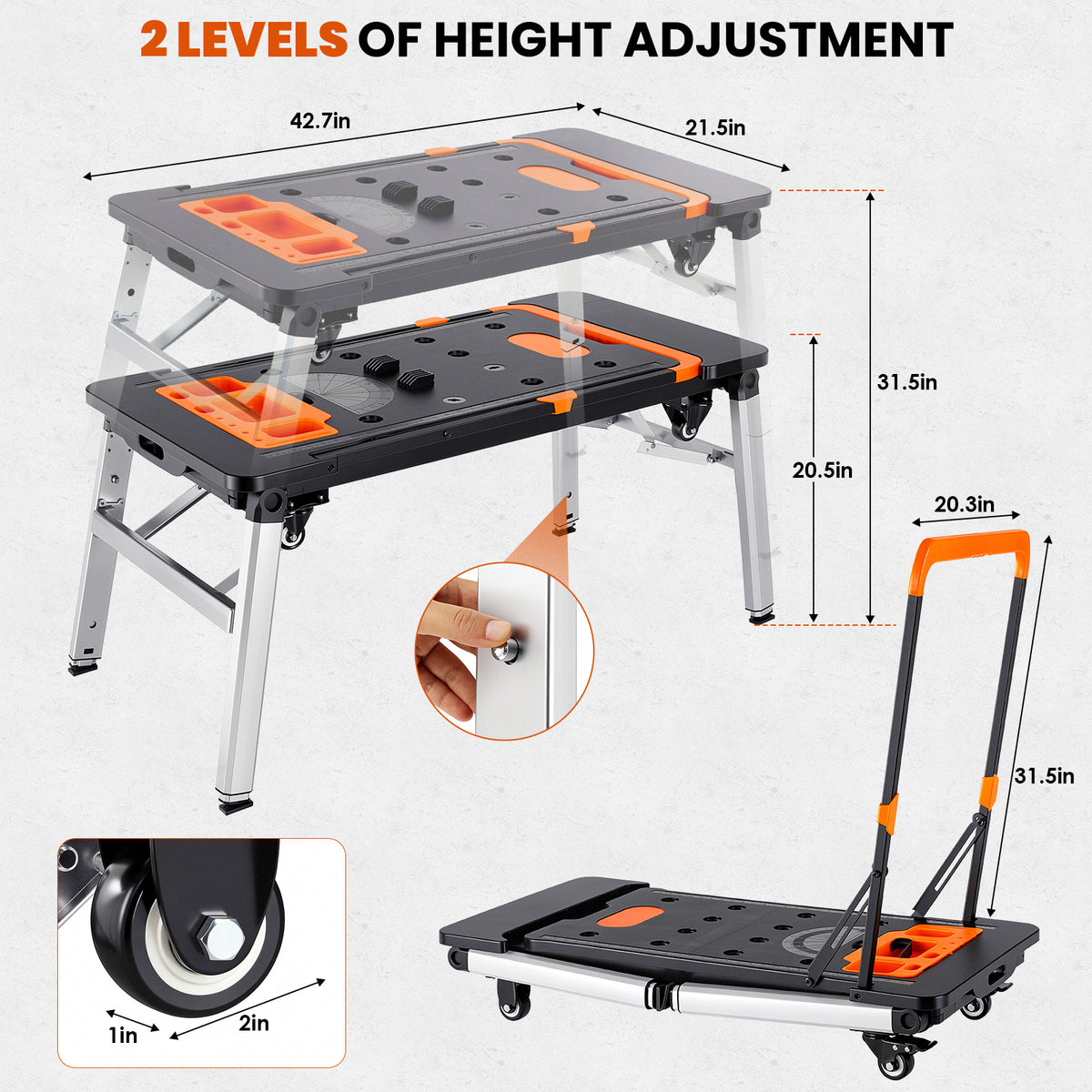 TLGREEN 7-in-1 Multifunctional Portable Workbench with Wheels. Folding Work Table Converts to Sawhorse, Scaffold, Creeper, Dolly and Hand Truck; Mobile Setup for Garage Projects, DIY