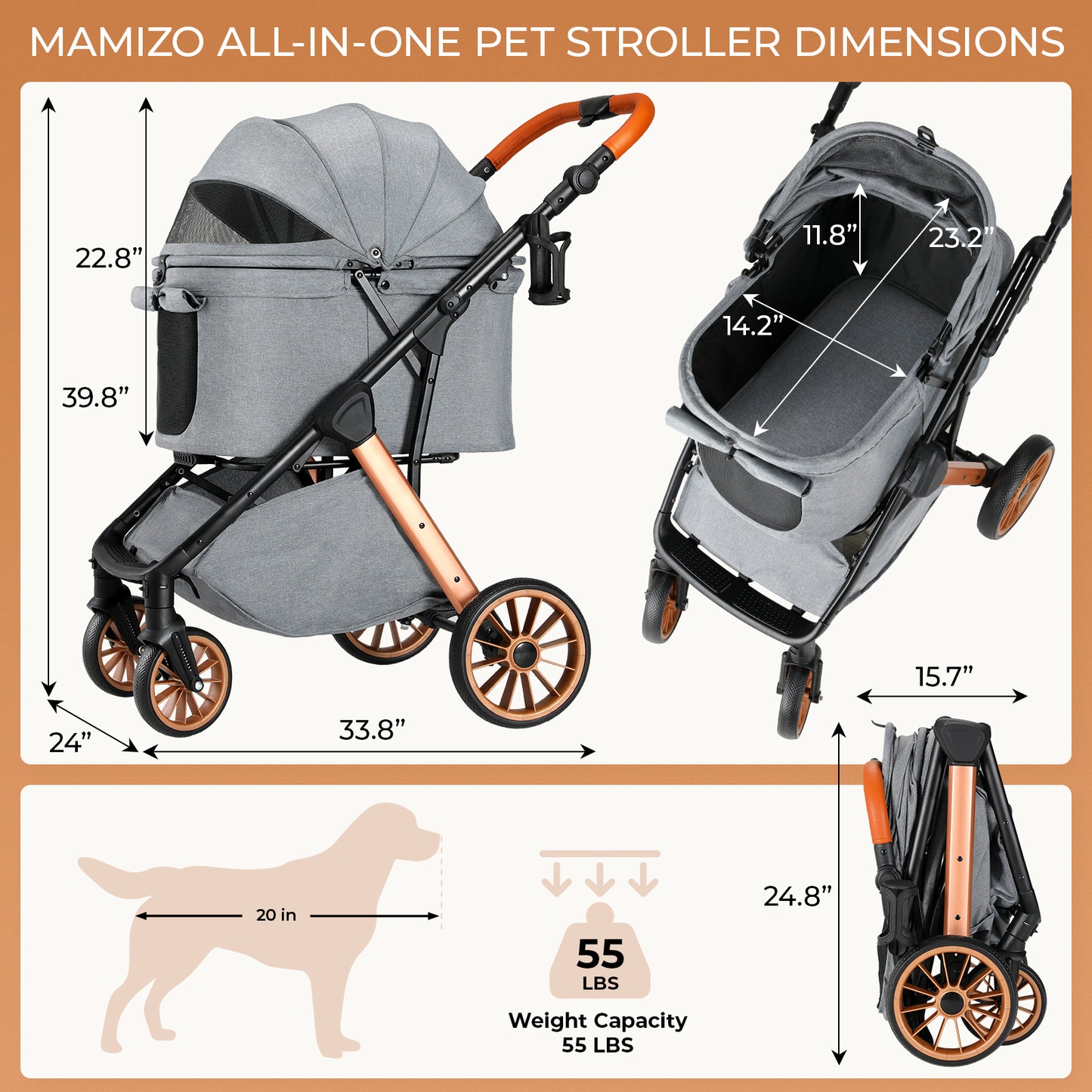TLGREEN Foldable Dog Stroller for Medium Small Dogs Cats Up to 55 Lbs, Aluminum and Carbon Steel Frame Pet Stroller with Cup Holder, Adjustable Height