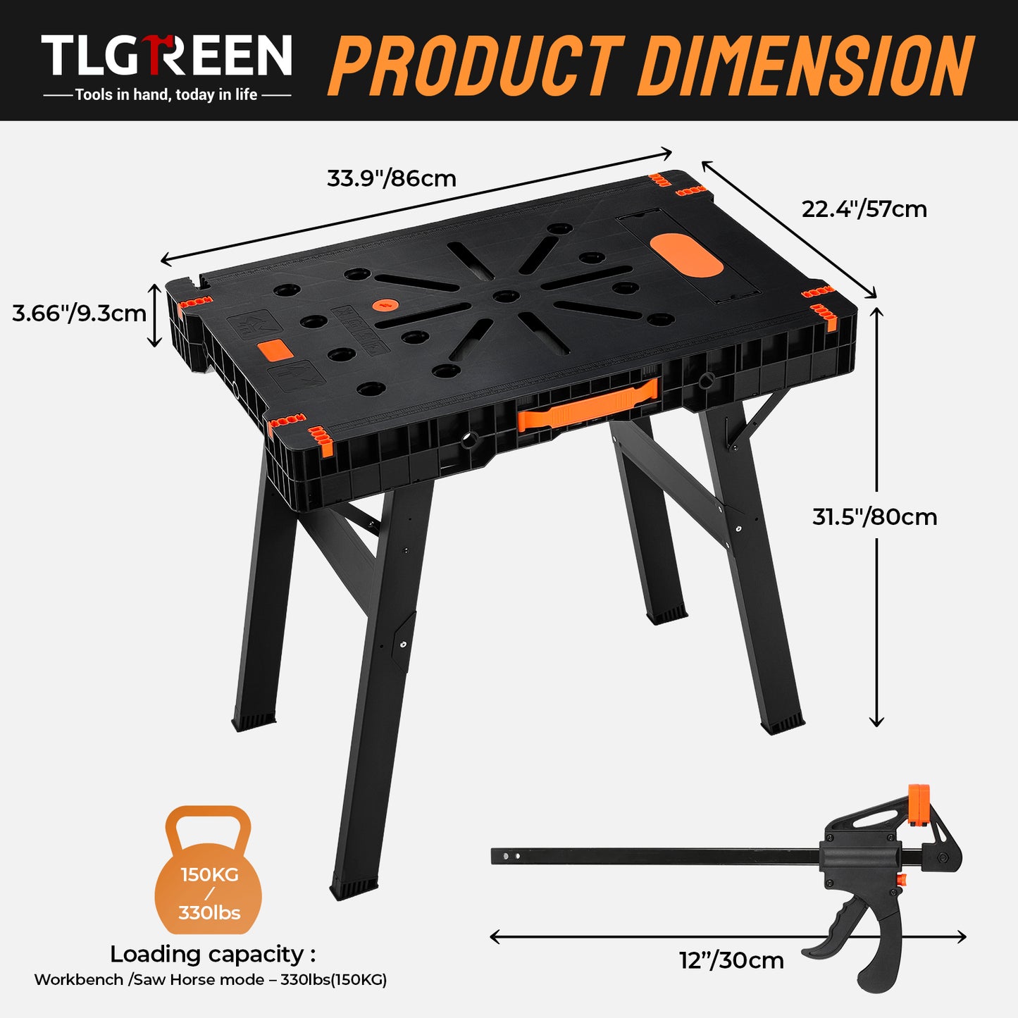 TLGREEN Folding Work Table, Express Portable Work Bench, 33.9" W x 22.4" D x 31.5" H Lightweight Workbench with 2 Clamps, 2 Clamp Dogs, Power Strip, for Garage,Table Saw,Home,DIY Projects,330lbs