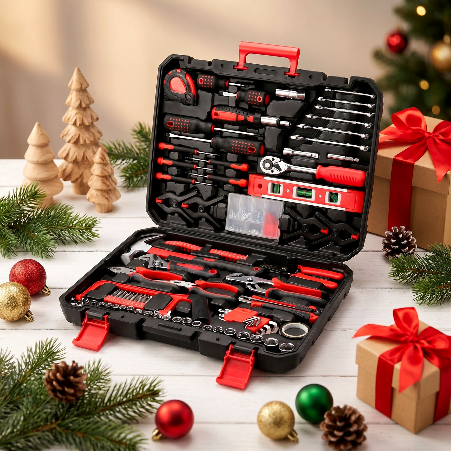 198-Piece Portable Tool Box，Comprehensive Hand Tool Set Including Ratchet, Socket Tool Set, Screwdrivers，Perfect for Home and Car Repair (Red)
