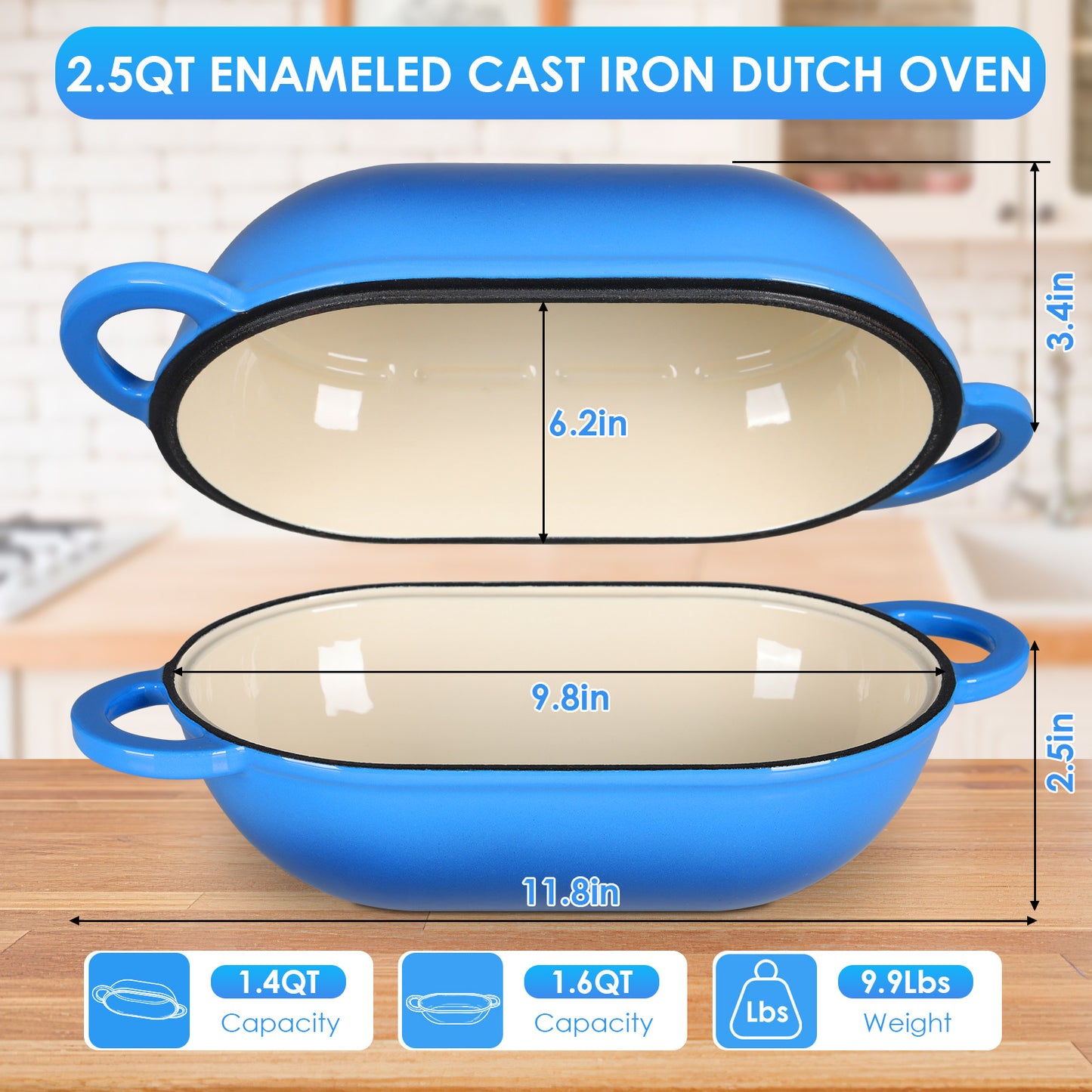 TLGREEN 2.5qt Enameled Cast Iron Dutch Oven for Bread Baking, Oven Safe Dutch Oven Pot with Lid, Non-Stick Bread Oven Pot, Blue
