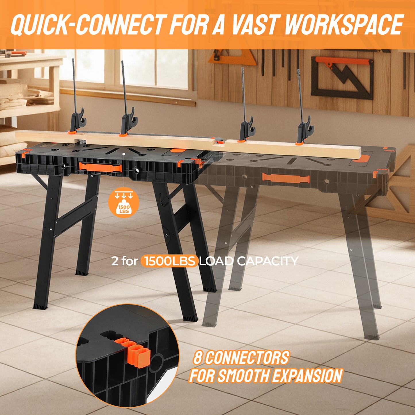 TLGREEN Folding Work Table, Express Portable Work Bench, 33.9" W x 22.4" D x 31.5" H Lightweight Workbench with 2 Clamps, 2 Clamp Dogs, Power Strip, for Garage,Table Saw,Home,DIY Projects,330lbs
