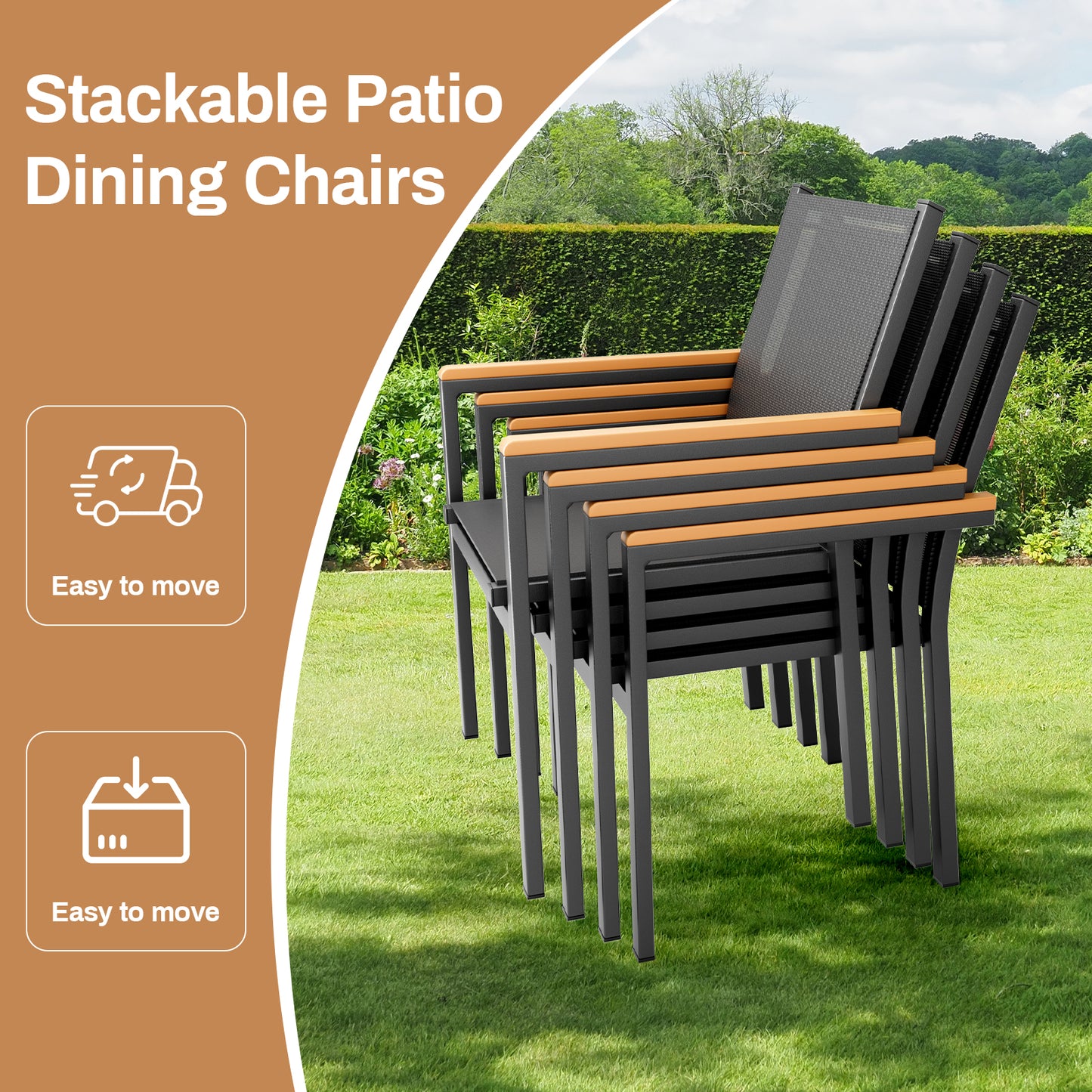 TLGREEN Patio Dining Chairs Set of 2, Stackable Aluminum Chair with Textilene Fabric & WPC Handrail, All Weather Outdoor Chair for Balcony, Poolside, Terrace & Restaurants, Black