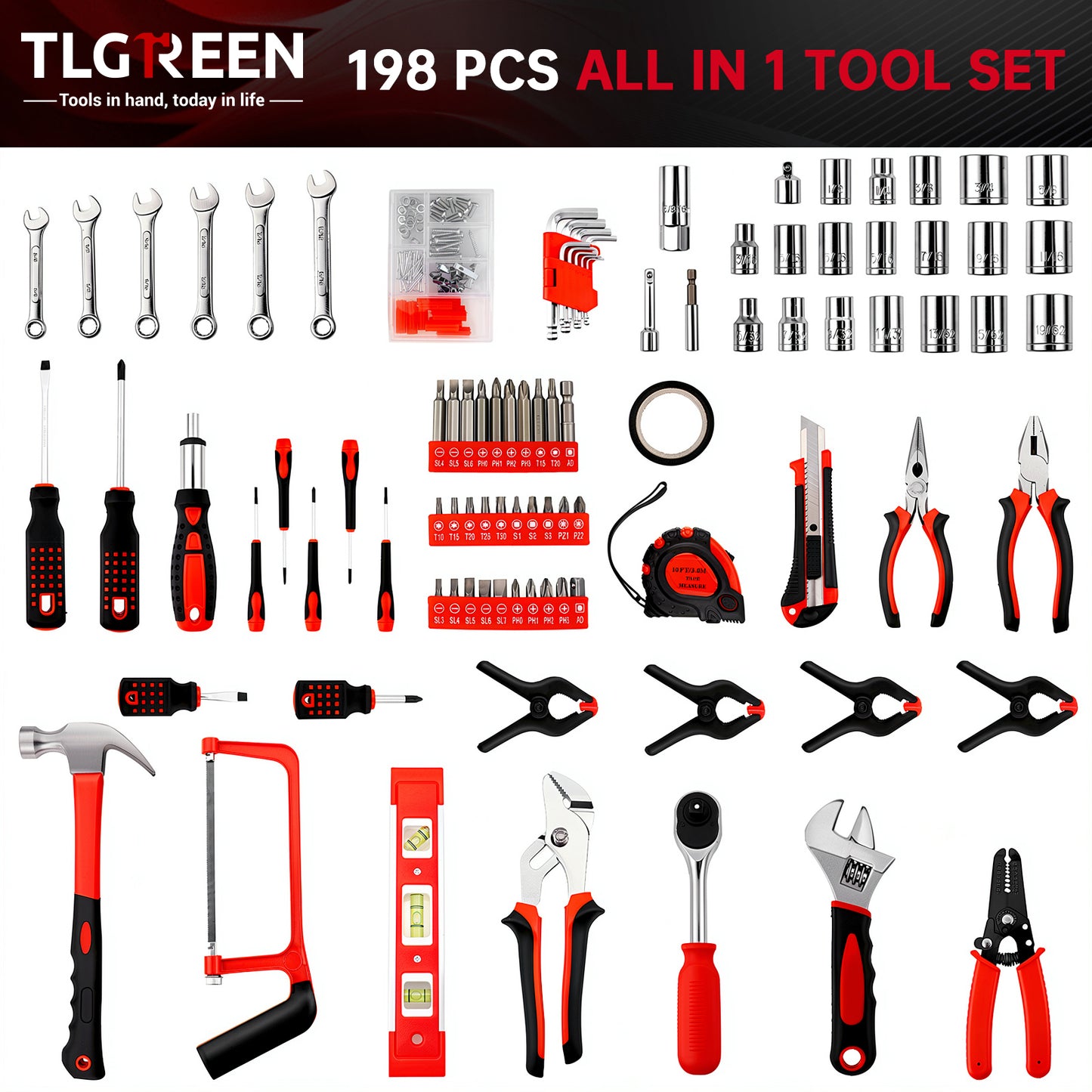 TLGREEN 198 Piece Tool Set, Hand Tool Kit for Home, with Tool Box, Screwdrivers,Socket Adaptor, Wrench,Pliers Saw, Household Tool Set for Home, Car, Garage, Perfect Christmas Gift