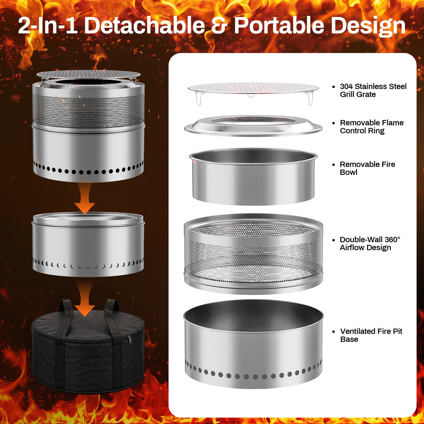 TLGREEN 19.7" Stainless Steel Smokeless Fire Pit with Grill Grate, Wood Burning with Carrying Bag & Fire Poker, for Outdoor Warmth/Camping/Backyard & Patio Gatherings, Fits 3-6 People