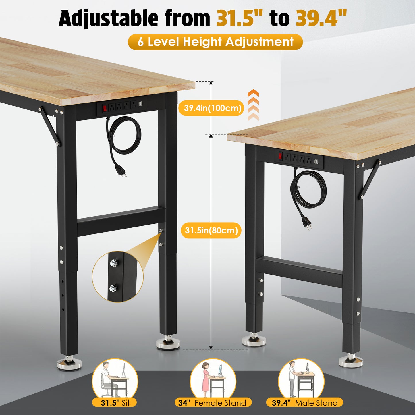 TLGREEN 48" x 20" Heavy Duty Workbench, 2000 LBS Capacity, 31.5-39.5 in Adjustable Work Bench with Power Outlet & Pegboard for Garage
