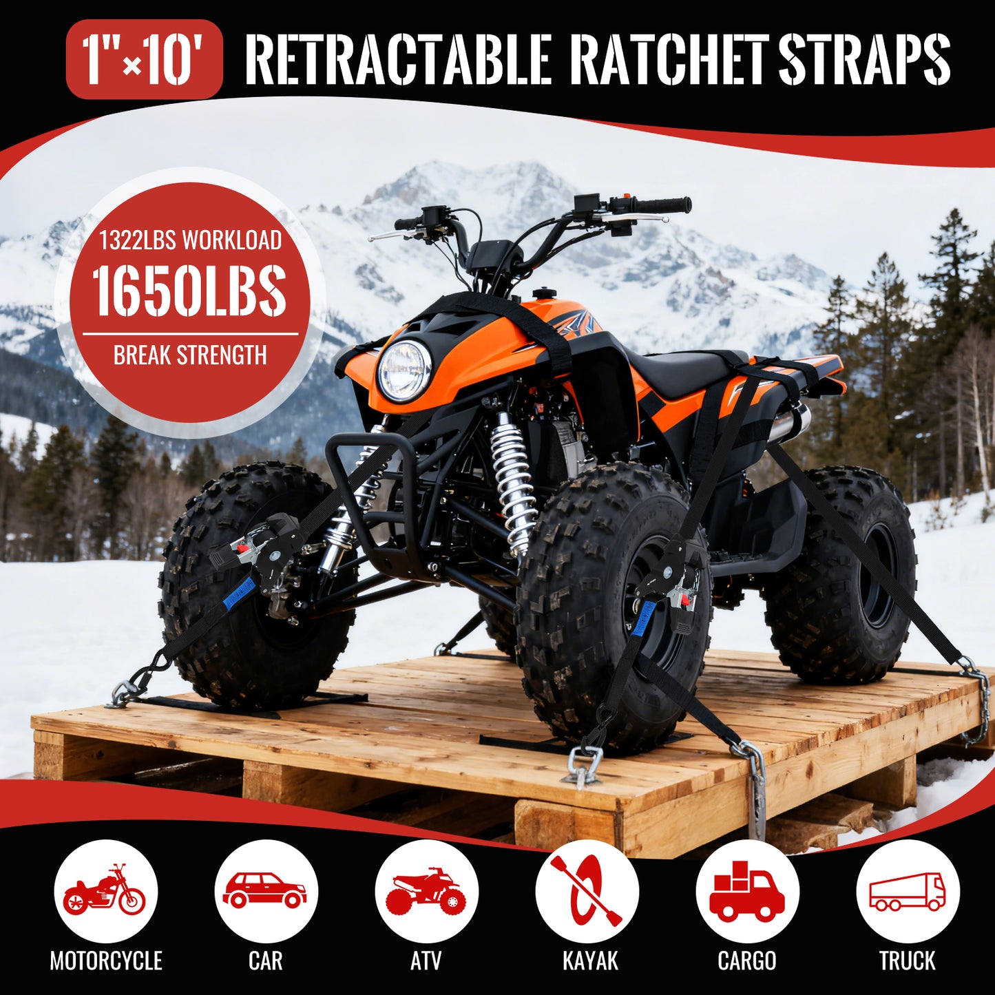 TLGREEN Retractable Ratchet Straps, 4Pack,1” x 10’ 1650lb Break Strength Heavy Duty Auto Self Retracting Tie Down Straps for Truck, Cargo, Motorcycle, ATV, UTV,Boat