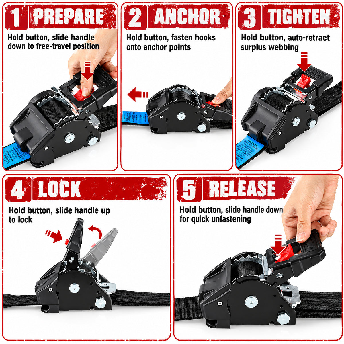 TLGREEN Retractable Ratchet Straps, 2in x10ft, 3033lb, 2-Pack Heavy Duty Auto Self Retracting Tie Downs with Soft Loops & Storage Bag for Motorcycle, Truck, ATV, UTV, Black