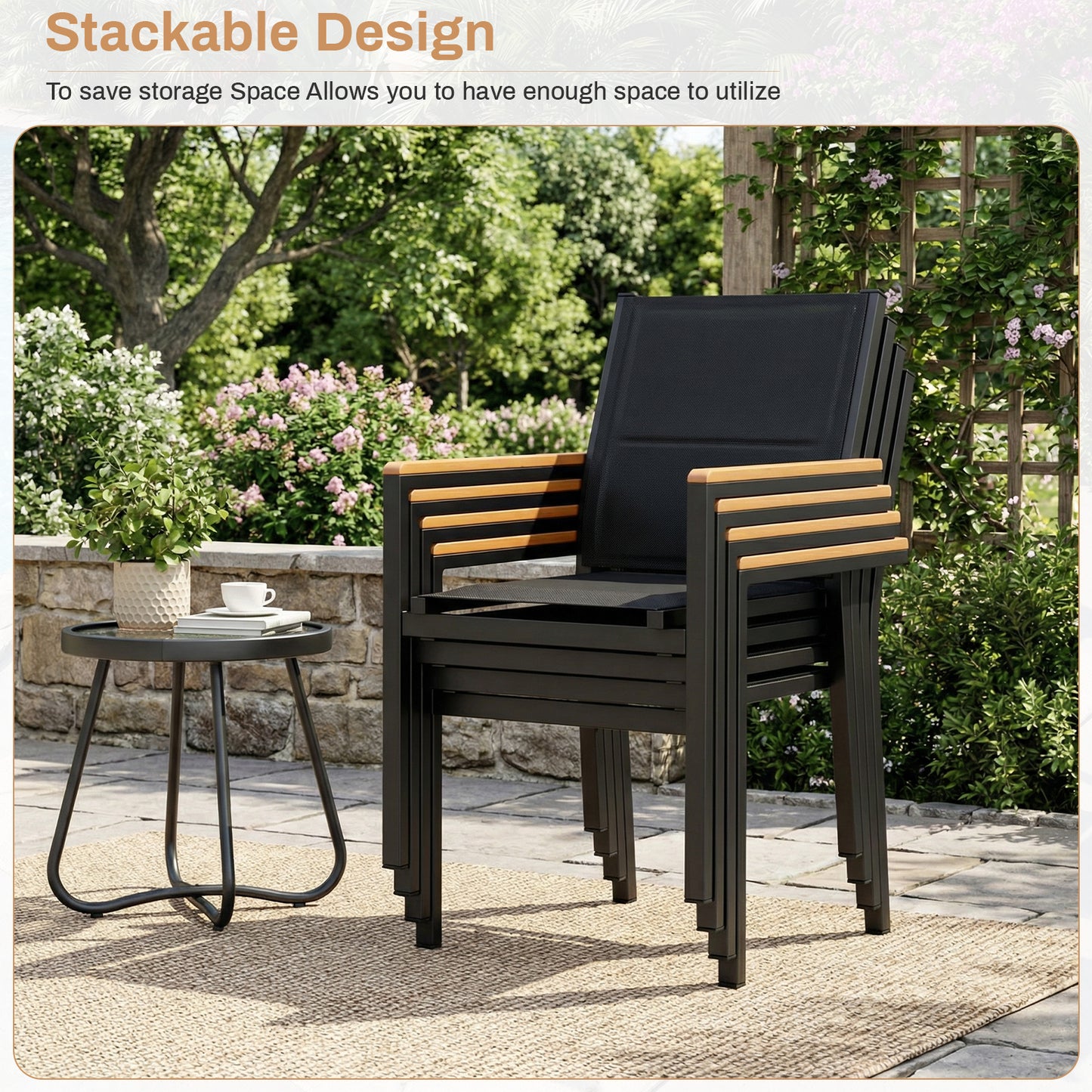 TLGREEN Patio Dinning Chairs Set of 2, Stackable Aluminum Chair with Quilted Textilene & WPC Handrail, All Weather Outdoor Chair for Patio, Balcony, Poolside & Restaurants, Black